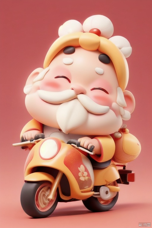 xinniankeai,It's a vibrant CGI illustration depicting a happy, chubby old Asian man with a long white beard and moustache riding a bright yellow motorcycle. He wore a traditional purple and pink robe decorated with intricate patterns and a floral headdress. His eyes were closed and he smiled brightly. There are white flowers hanging on the pink cherry branches. The background is a warm gradient red with a bokeh effect. This image gives off a festive atmosphere, possibly inspired by the Chinese New Year.