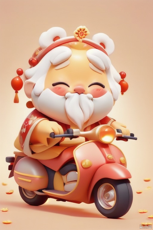 xinniankeai,This is a vibrant CGI illustration featuring a joyful, chubby, elderly Asian man with a long white beard and mustache, riding a bright yellow scooter. He wears a traditional golden-yellow and red robe adorned with intricate patterns and a floral headdress. His eyes are closed, smiling widely. Pink cherry blossom branches with white flowers are attached to the scooter. The background is a warm, gradient red with bokeh light effects. The image exudes a festive, celebratory atmosphere, likely inspired by Chinese New Year.