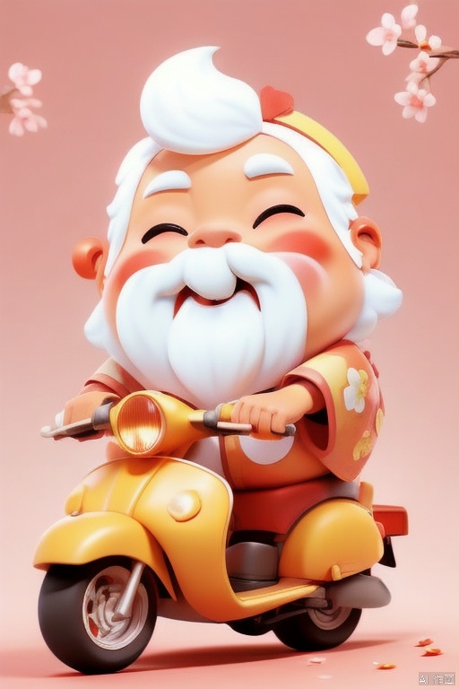 xinniankeai,This is a vibrant CGI illustration featuring a joyful, chubby, elderly Asian man with a long white beard and mustache, riding a bright yellow scooter. He wears a traditional golden-yellow and red robe adorned with intricate patterns and a floral headdress. His eyes are closed, smiling widely. Pink cherry blossom branches with white flowers are attached to the scooter. The background is a warm, gradient red with bokeh light effects. The image exudes a festive, celebratory atmosphere, likely inspired by Chinese New Year.