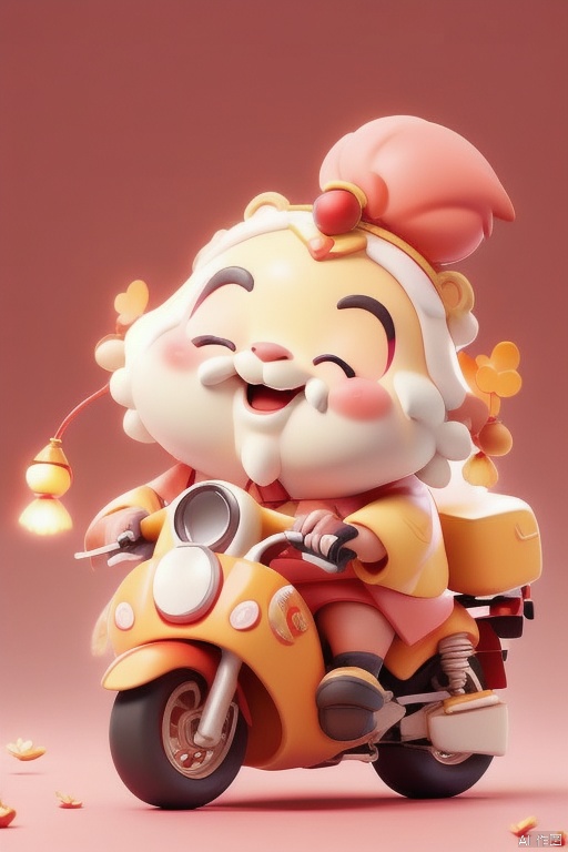 xinniankeai,It's a vibrant CGI illustration depicting a happy, chubby old Asian man with a long white beard and moustache riding a bright yellow motorcycle. He wore a traditional purple and pink robe decorated with intricate patterns and a floral headdress. His eyes were closed and he smiled brightly. There are white flowers hanging on the pink cherry branches. The background is a warm gradient red with a bokeh effect. This image gives off a festive atmosphere, possibly inspired by the Chinese New Year.