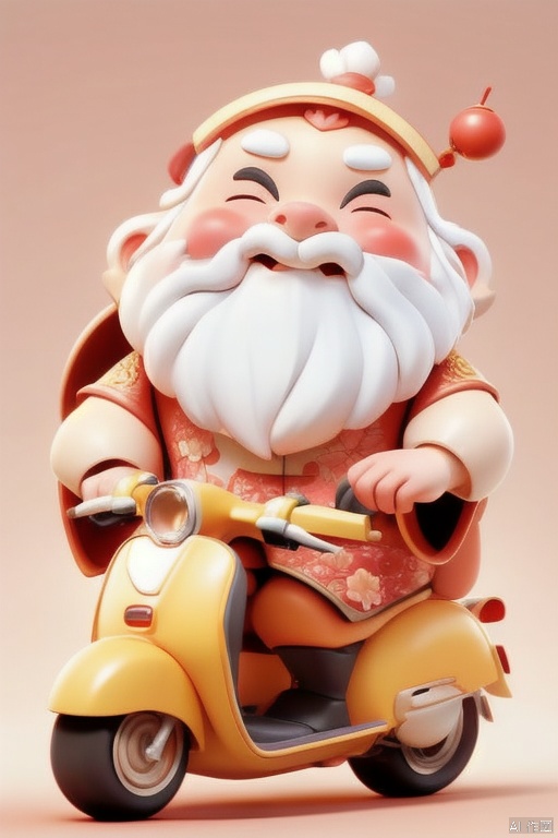 xinniankeai,This is a vibrant CGI illustration featuring a joyful, chubby, elderly Asian man with a long white beard and mustache, riding a bright yellow scooter. He wears a traditional golden-yellow and red robe adorned with intricate patterns and a floral headdress. His eyes are closed, smiling widely. Pink cherry blossom branches with white flowers are attached to the scooter. The background is a warm, gradient red with bokeh light effects. The image exudes a festive, celebratory atmosphere, likely inspired by Chinese New Year.