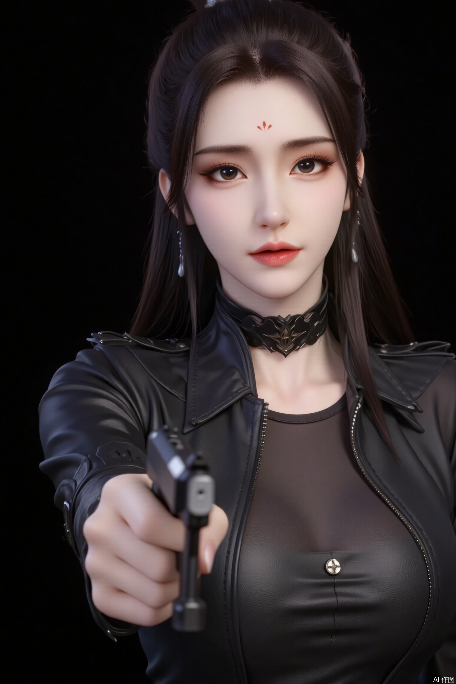 In a dark, moody photograph, an Asian woman with fair skin and dark hair in a high ponytail holds a black semi-automatic pistol. She wears a tight, black leather jacket with a pointed collar and the same dark choker around her neck. Her expression is intense and focused, with makeup that includes defined eyebrows and subtle eyeshadow. The background is a solid, black, creating high contrast and adding a dramatic effect to the image. This striking and mysterious portrait evokes a sense of strengt