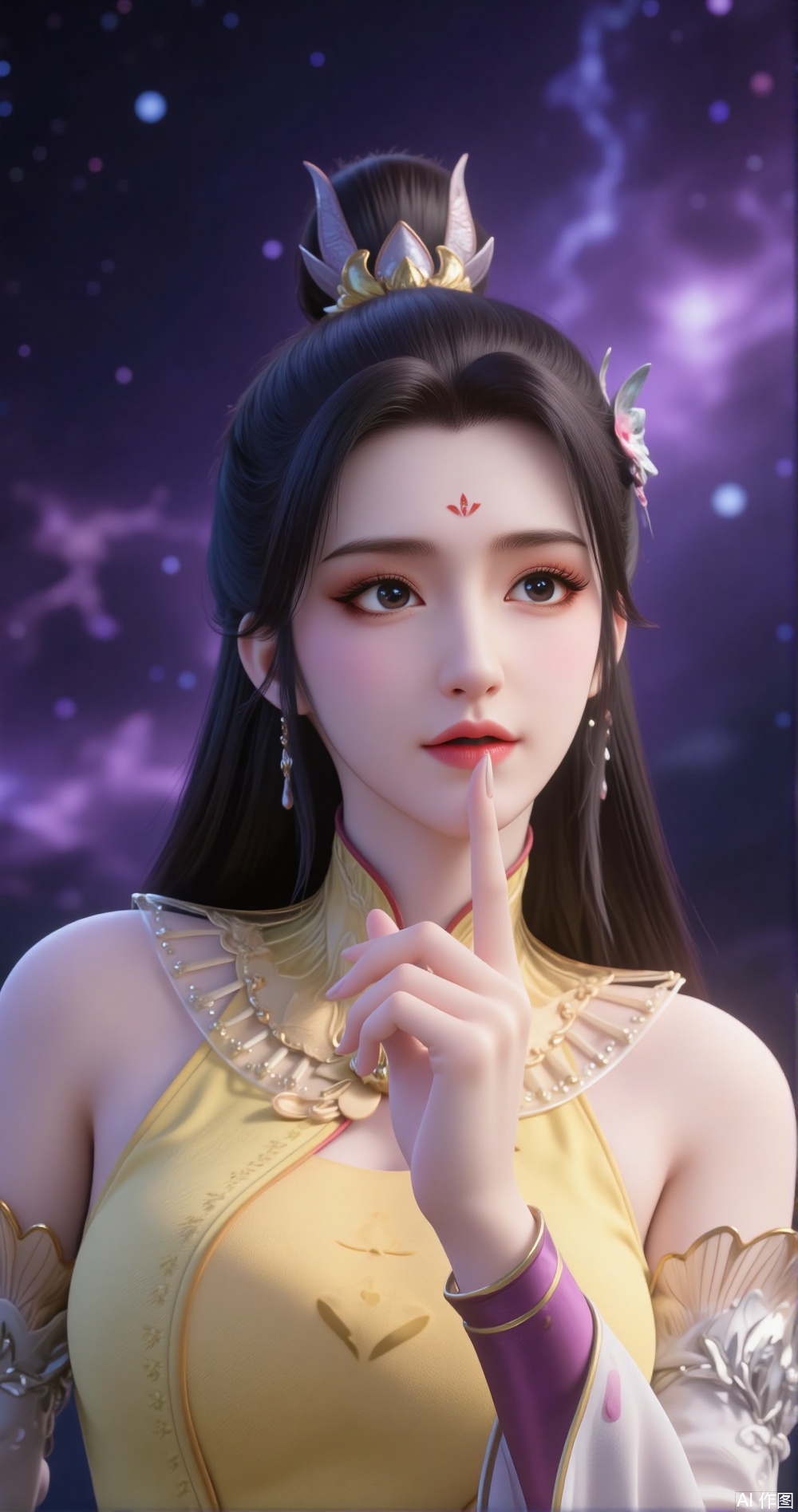 Against the backdrop of a vast starry sky, a girl in a yellow Chinese practice outfit stands quietly, exuding a unique charm and personality. Her black hair is tied into a high ponytail, the ends slightly curled and shimmering with a soft glow under the starlight. Her fringe neatly falls over her forehead, slightly covering her slightly furrowed brow, which reveals a hint of defiance and determination. Her blue starry eyes are deep and mysterious, with countless stars seemingly twinkling within her pupils. Her long lashes, feather-light under the starlight, flutter slightly, adding a touch of dreamy charm.

Her pink lips curve into a faint smile, as if hiding inner joy. Her expression carries a hint of playfulness and confidence, her gaze slanting to one side as if she's observing something intriguing. Her facial features are soft and delicate, her skin appearing exceptionally fair under the starlight, as if glowing with a soft luminescence.

Her right hand rises, her index finger pointing straight at the middle of her mouth, as if signaling a secret or a mysterious message. Her fingers are slender and long, her nails neatly trimmed and clean, exuding an elegant charm. Her arm lines are smooth, her movements natural, revealing a calm and confident demeanor.

Her yellow Chinese practice outfit is simple yet exquisite, with exquisite golden patterns embroidered on the collar and cuffs, as if mimicking the stars in the galaxy. The fabric is light and soft, swaying gently with the breeze, as if merging with the starry sky. A thin purple silk ribbon is tied around her waist, its ends fluttering in the wind, adding a touch of ethereal beauty.

The background is a magnificent starry sky, with a deep purple canopy dotted with countless twinkling stars, as if a grand galaxy spans across the horizon. The light of the galaxy bathes her in a mysterious purple glow. The starlight forms a soft halo around her, as if she is the ruler of this starry expanse.