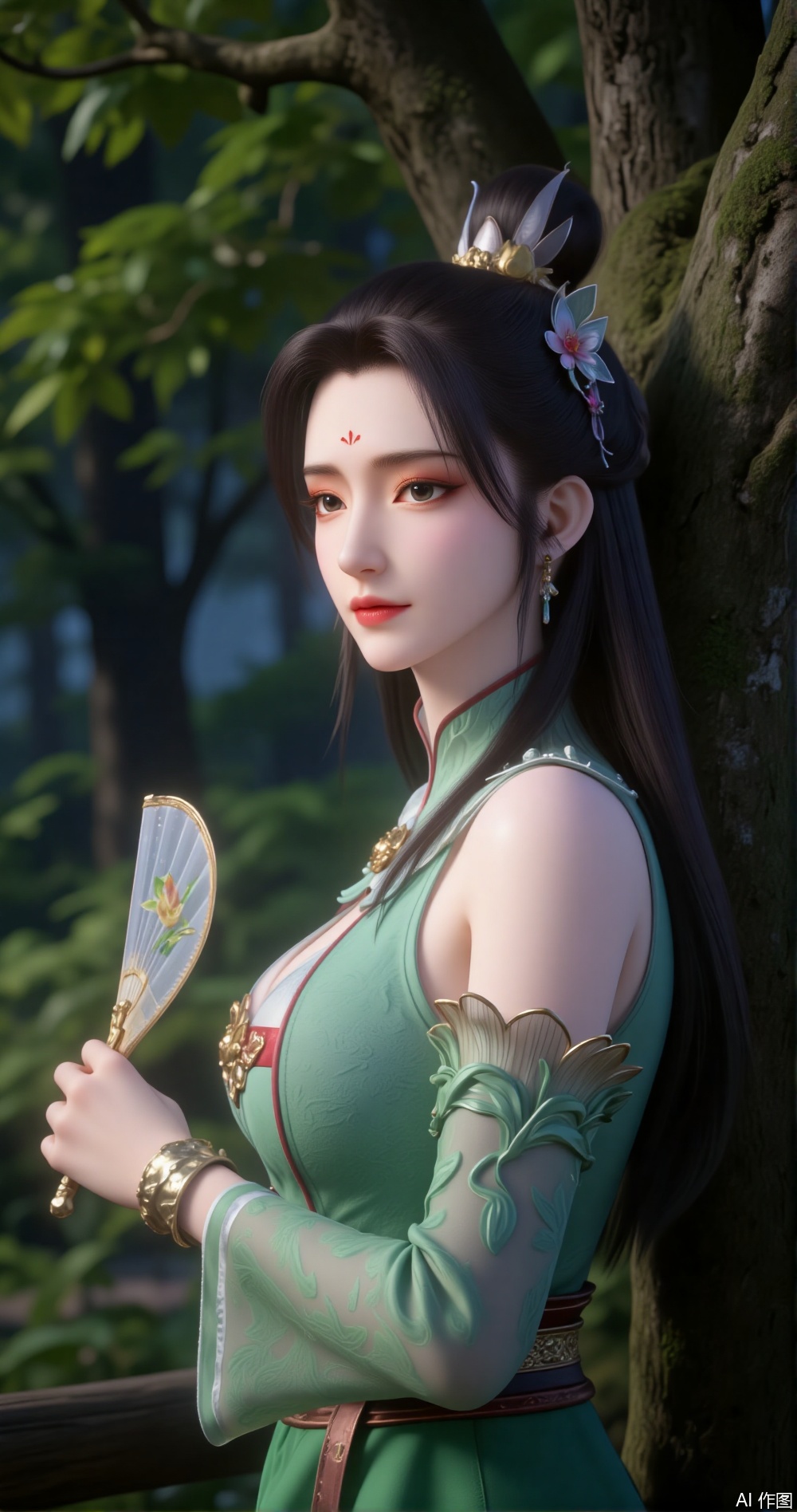 In a deep, shadowy forest, a girl in a green dress stands quietly beneath an ancient oak tree, exuding natural and mysterious charm. Her black hair falls haphazardly over her shoulders, its strands lightly swaying in the breeze, as if merging with the forest. Her hair is unkempt, appearing naturally carefree, with slightly curled ends shimmering with a soft glow under the sunlight. Her fringe casually falls over her forehead, her slightly furrowed brow revealing a hint of gentleness and contemplation. Her emerald green eyes are as clear as the forest's most pristine lake, reflecting swaying leaves within her pupils. Her long lashes cast faint shadows under the sunlight.

Her pink lips curve into a subtle smile, as if savoring the tranquility and beauty of the forest. Her expression carries a touch of gentleness and composure, as if she is part of nature itself. Her facial features are soft and delicate, her skin appearing exceptionally fair under the sunlight, radiating a soft glow.

Her right hand gently rises, holding a delicate fan, the fan's surface adorned with leaves and vines, as if merging with the forest. The fan gently unfolds, swaying slightly with her movements, as if transmitting a gentle signal to the forest. Her fingers are slender and long, her nails neatly trimmed and clean, exuding an elegant charm. Her arm lines are smooth, her movements natural, revealing a calm and graceful demeanor.

Her green dress is simple yet elegant, its hem dancing gently with the breeze, as if swaying in harmony with the forest's leaves. The fabric is light and soft, as if made of morning dew. A thin brown silk ribbon is tied around her waist, its ends fluttering in the wind, adding a touch of ethereal beauty.