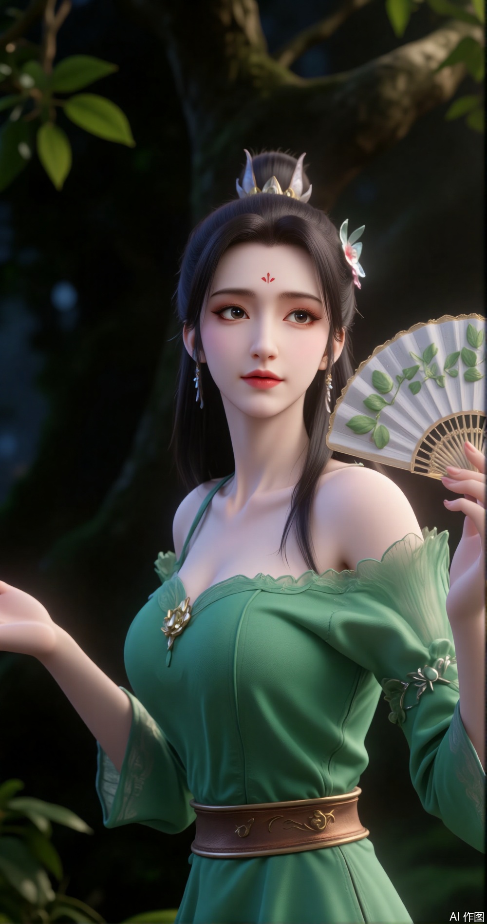 In a deep, shadowy forest, a girl in a green dress stands quietly beneath an ancient oak tree, exuding natural and mysterious charm. Her black hair falls haphazardly over her shoulders, its strands lightly swaying in the breeze, as if merging with the forest. Her hair is unkempt, appearing naturally carefree, with slightly curled ends shimmering with a soft glow under the sunlight. Her fringe casually falls over her forehead, her slightly furrowed brow revealing a hint of gentleness and contemplation. Her emerald green eyes are as clear as the forest's most pristine lake, reflecting swaying leaves within her pupils. Her long lashes cast faint shadows under the sunlight.

Her pink lips curve into a subtle smile, as if savoring the tranquility and beauty of the forest. Her expression carries a touch of gentleness and composure, as if she is part of nature itself. Her facial features are soft and delicate, her skin appearing exceptionally fair under the sunlight, radiating a soft glow.

Her right hand gently rises, holding a delicate fan, the fan's surface adorned with leaves and vines, as if merging with the forest. The fan gently unfolds, swaying slightly with her movements, as if transmitting a gentle signal to the forest. Her fingers are slender and long, her nails neatly trimmed and clean, exuding an elegant charm. Her arm lines are smooth, her movements natural, revealing a calm and graceful demeanor.

Her green dress is simple yet elegant, its hem dancing gently with the breeze, as if swaying in harmony with the forest's leaves. The fabric is light and soft, as if made of morning dew. A thin brown silk ribbon is tied around her waist, its ends fluttering in the wind, adding a touch of ethereal beauty.