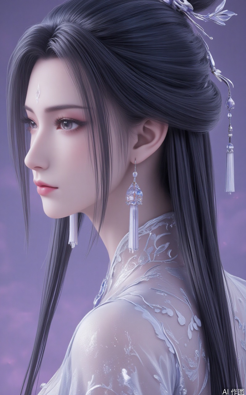 black hair,brown eyes,fair_skin,long hair,hair_bun,jewelry,hair_ornament,forehead_mark,luxueqi,lvjing,
1girl,jewelry,earrings,solo,looking at viewer,dress,tassel,simple background,purple background,upper body,from side,tassel earrings,chinese clothes,forehead,lips,breasts,eyelashes,parted bangs,cover,simple background,gradient_background
cover,simple background,gradient_background,Close-up details,outstanding style,adding a touch of dimension to your images without compromising details,close-up,