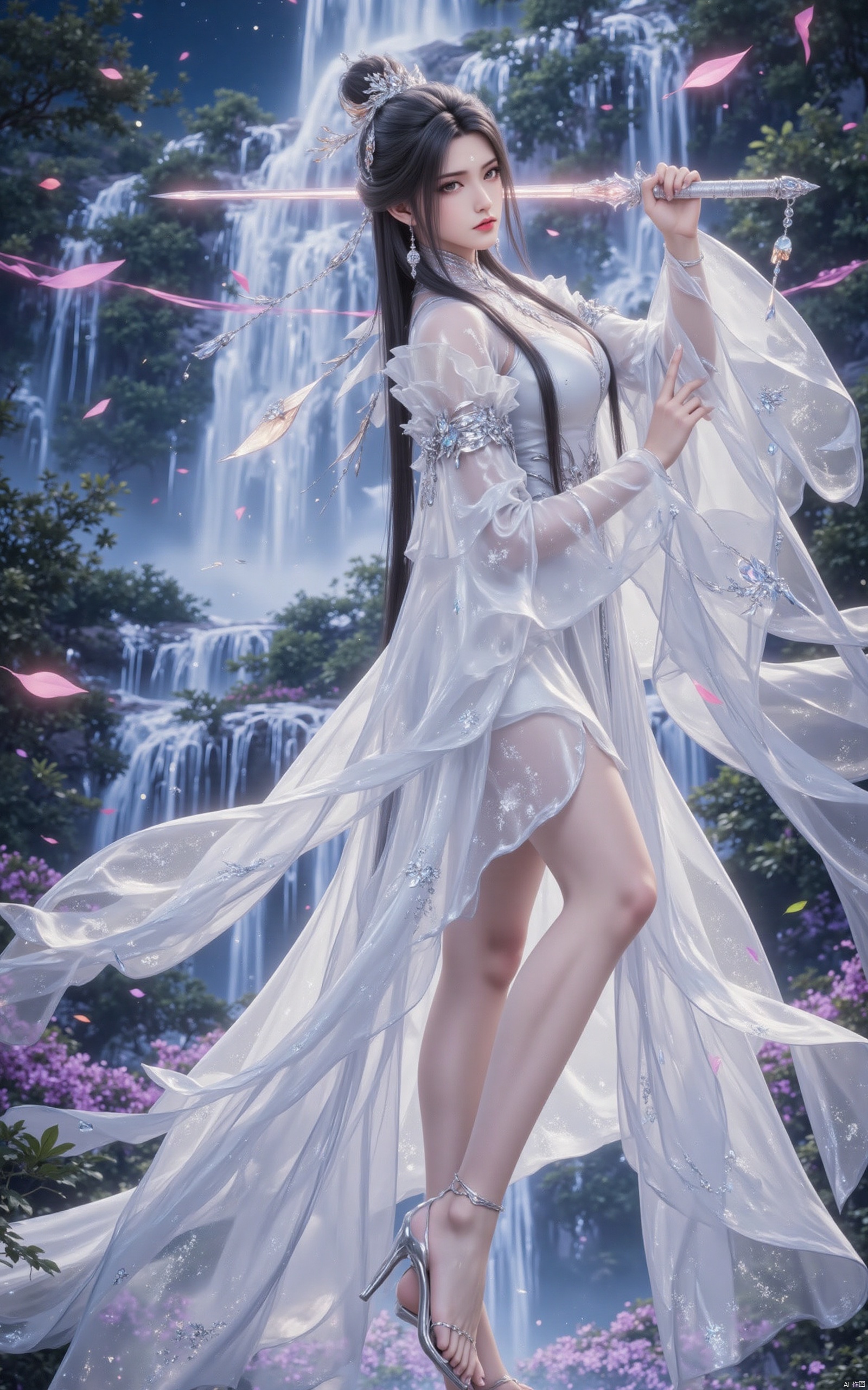 ,luxueqi, an antique beauty in a white dress,makeup is very but very delicate,senntakuya,white hanfu,black hair,holding a glowing sword in his right hand,make the move of swinging a sword,the sword is long and thin,eyebrows with imprint,long hair,some serious expression,delicate high heels,his clothes and hair were blowing in the wind,the background is a waterfall in the night sky,with a lot of leaves and lace flying in the air