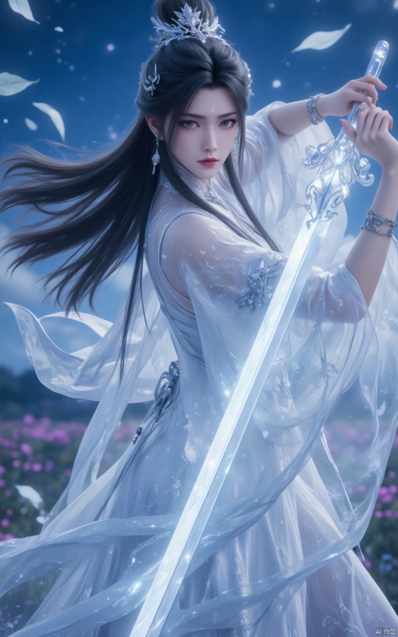 luxueqi,an antique beauty in a white dress,makeup is very but very delicate,senntakuya,white hanfu,black hair,holding a glowing sword in his right hand,make the move of swinging a sword,the sword is long and beautiful,eyebrows with imprint,long hair,some serious expression,clothes and hair sway in the wind,the background is a flower field under the night sky,with a lot of leaves and lace flying in the air,close-up,(cowboy_shot:1.2),