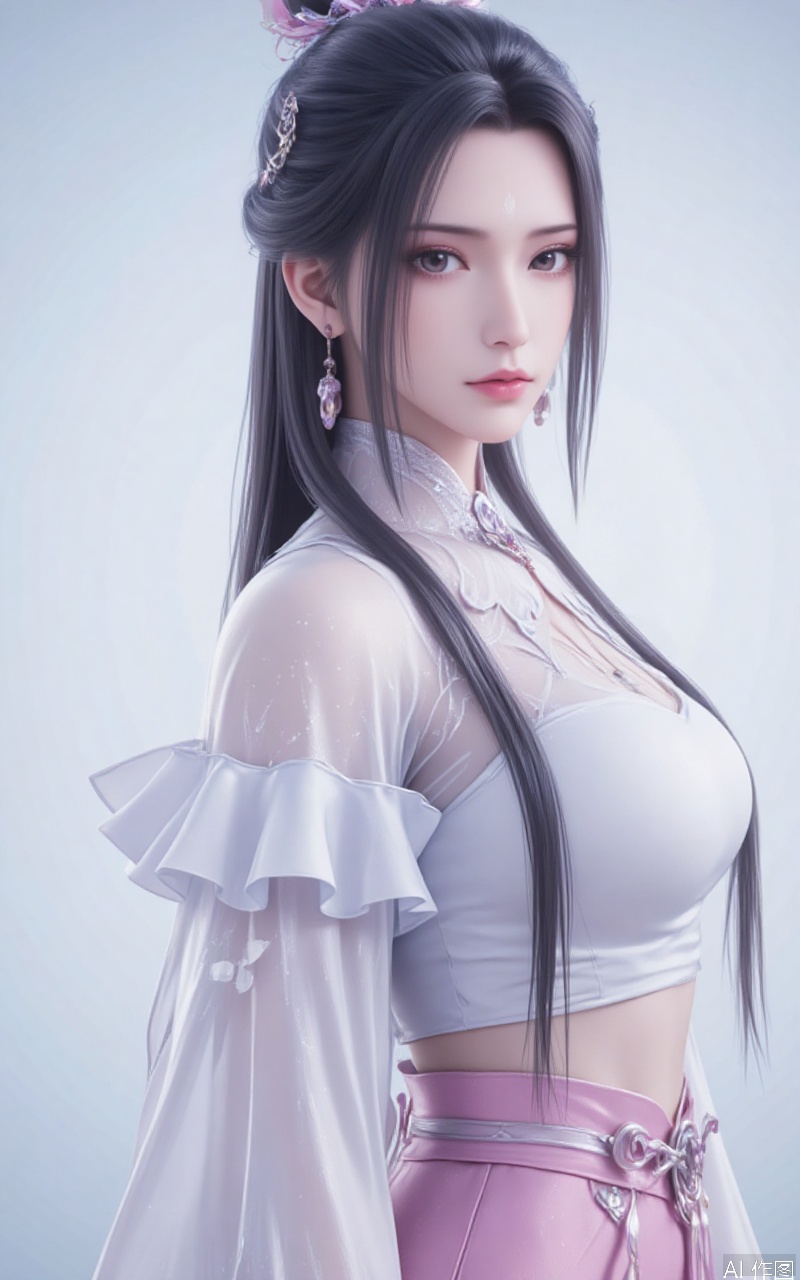 black hair,brown eyes,fair_skin,long hair,hair_bun,jewelry,hair_ornament,forehead_mark,luxueqi,lvjing,
1girl,jewelry,earrings,shorts,breasts,pink shorts,crop top,looking at viewer,frilled shirt,solo,bare shoulders,cowboy shot,lips,midriff,shirt,collarbone,navel,closed mouth,medium breasts,white shirt,standing,frills,high-waist shorts,off-shoulder shirt,hoop earrings,forehead,short sleeves,head tilt,realistic,contrapposto
cover,simple background,gradient_background,Close-up details,outstanding style,adding a touch of dimension to your images without compromising details,close-up,