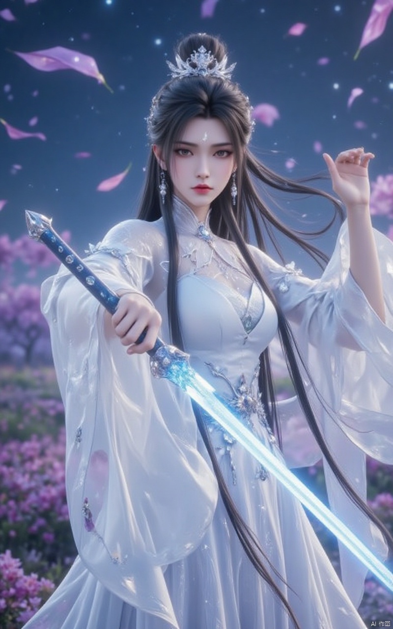 luxueqi,an antique beauty in a white dress,makeup is very but very delicate,senntakuya,white hanfu,black hair,holding a glowing sword in his right hand,make the move of swinging a sword,the sword is long and beautiful,eyebrows with imprint,long hair,some serious expression,clothes and hair sway in the wind,the background is a flower field under the night sky,with a lot of leaves and lace flying in the air,close-up,(cowboy_shot:1.2),