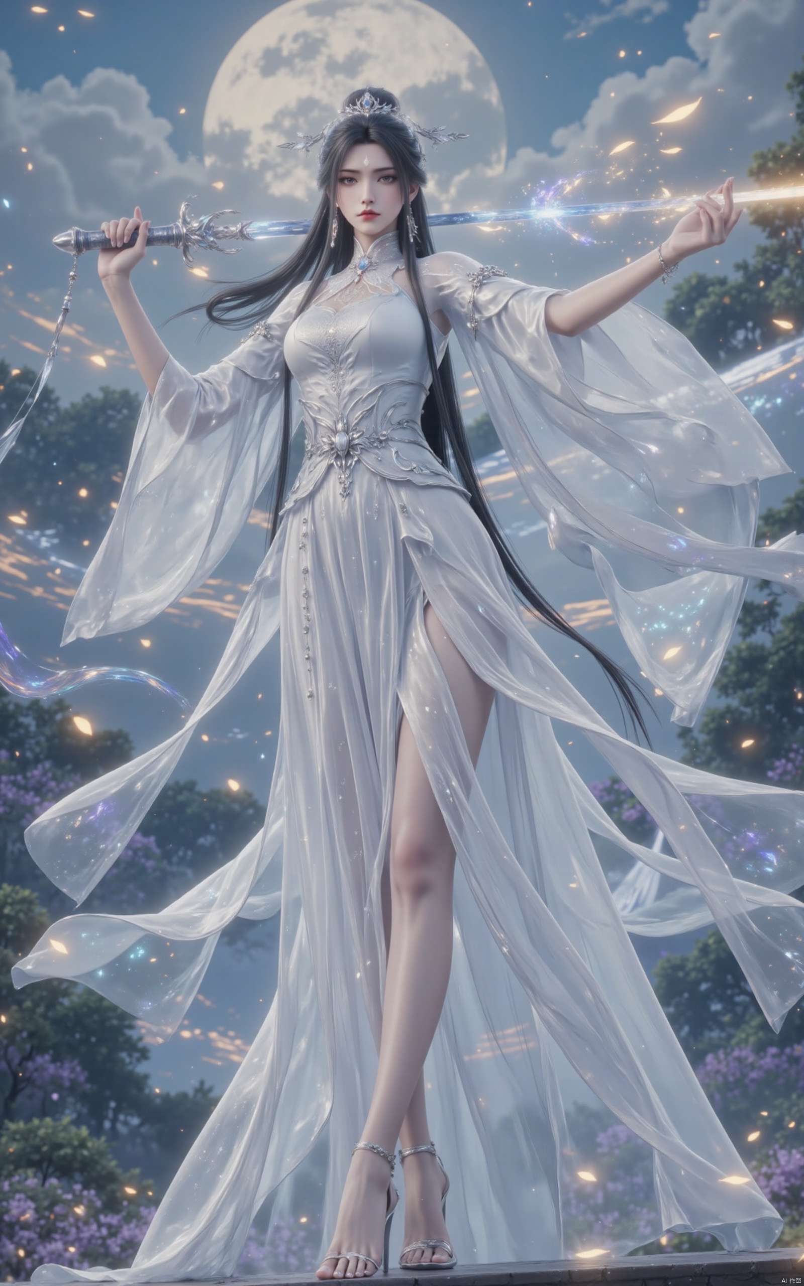 luxueqi,an antique beauty in a white dress,makeup is very but very delicate,senntakuya,standing on the 1 arch bridge,white hanfu,black hair,holding a glowing sword in his right hand,make the move of swinging a sword,the sword is long and exquisite,eyebrows with imprint,long hair,some serious expression,(high_heels:1.2),her clothes and hair were blowing in the wind,the background is a 1 mountain surrounded by clouds,a large number of petals and fireflies flying in the air,moonlight falls on the earth,,close-up,Close-up details,outstanding style,adding a touch of dimension to your images without compromising details,whirls of vapour,iridescent textures,(Anime:1.1),ethereal ambiance,delicate details,magical high-concept,32K UHD,sharp focus,best-quality,masterpiece,golden hour,unconventional supreme masterpiece,masterful details,temperate atmosphere,with a high-end texture,in the style of fashion photography,photography,cover,Dynamic Angle,Dynamic posture,(artist:quasarcake:0.8),extreme aesthetic,(wlop:0.6),(honjou raita,lack,rella:0.5, wanke),masterpiece,best quality,good quality,news,very aesthetic,absurdres,Visual impact,A shot with tension,ultra-high resolution,32K UHD,sharp focus,best-quality,masterpiece,Emotionalization,unconventional supreme masterpiece,masterful details,temperate atmosphere,with a high-end texture,in the style of fashion photography,(Visual impact:1.2),giving the poster a dynamic and visually striking appearance,impactful picture,offcial art,colorful,splash of color,movie perspective,masterpiece,best quality,amazing quality,very aesthetic,absurdres,best quality,newest,