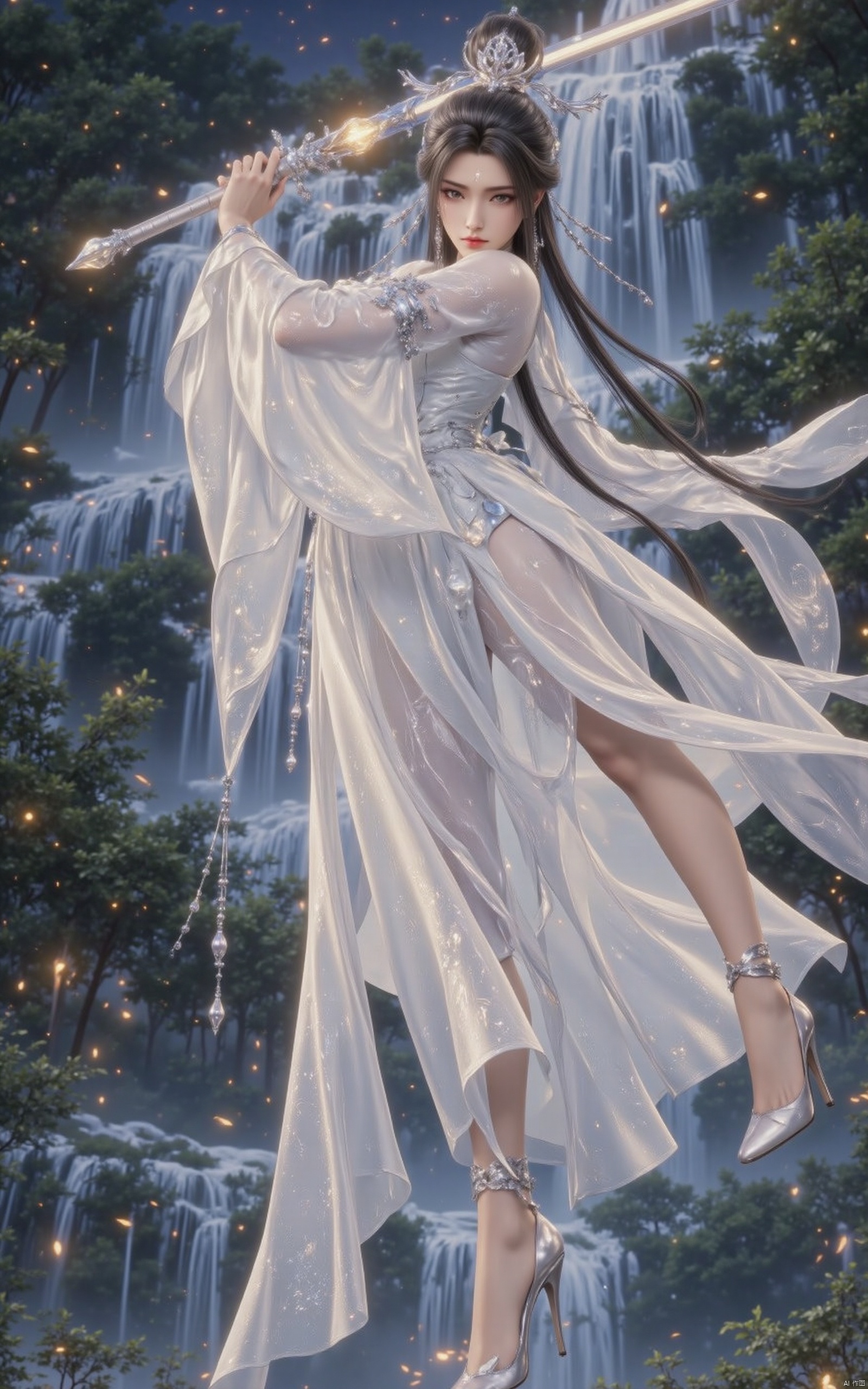 ,luxueqi, an antique beauty in a white dress,makeup is very but very delicate,senntakuya,white hanfu,black hair,holding a glowing sword in his right hand,make the move of swinging a sword,the sword is long and thin,eyebrows with imprint,long hair,some serious expression,delicate high heels,his clothes and hair were blowing in the wind,the background is a waterfall in the night sky,with a lot of leaves and lace flying in the air