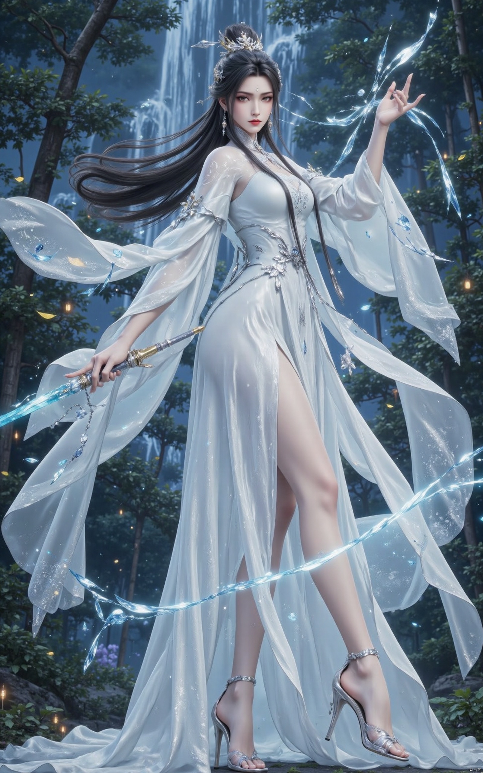 ,luxueqi, an antique beauty in a white dress,makeup is very but very delicate,senntakuya,white hanfu,black hair,holding a glowing sword in his right hand,make the move of swinging a sword,the sword is long and thin,eyebrows with imprint,long hair,some serious expression,delicate high heels,his clothes and hair were blowing in the wind,the background is a waterfall in the night sky,with a lot of leaves and lace flying in the air