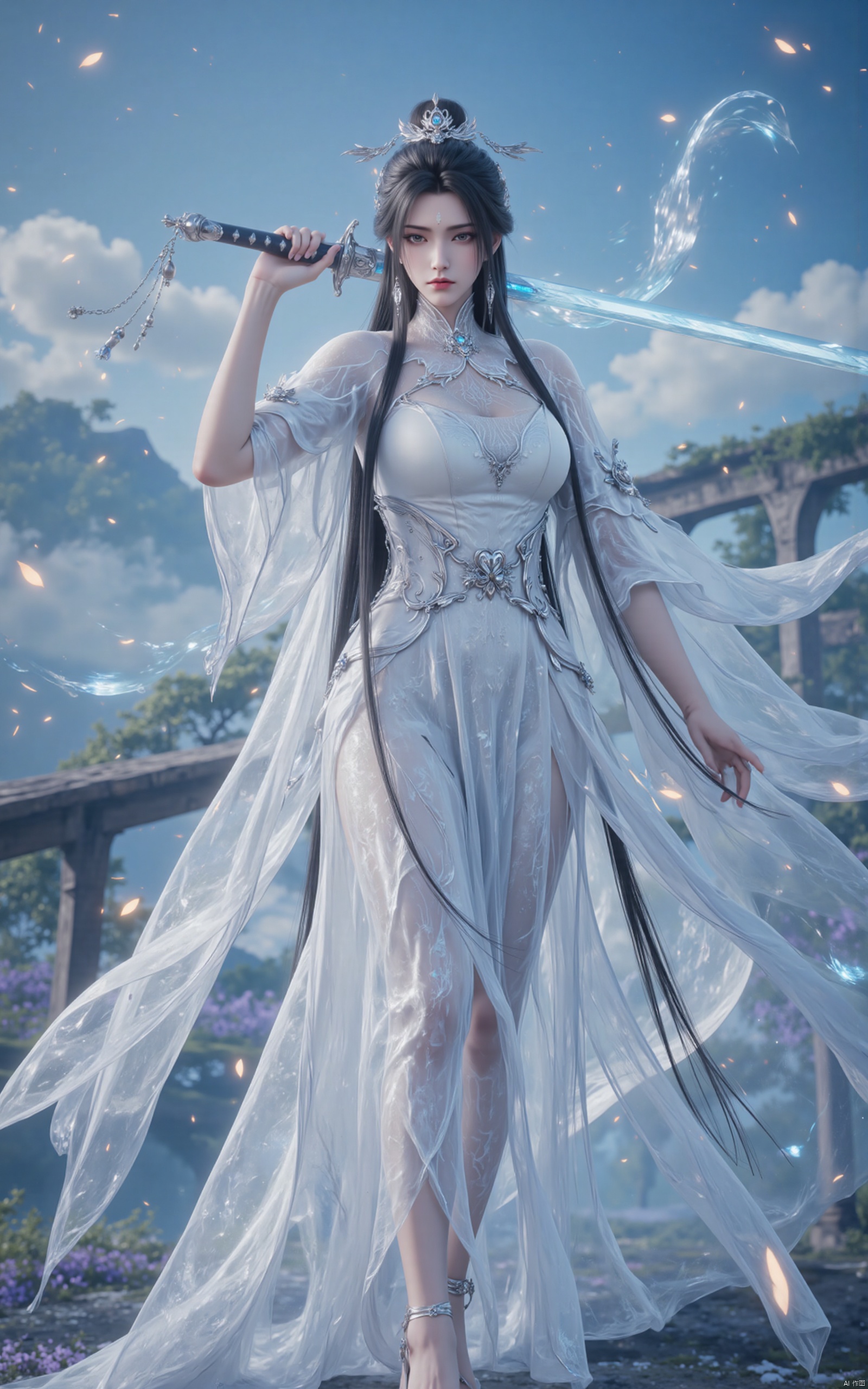 luxueqi,an antique beauty in a white dress,makeup is very but very delicate,senntakuya,standing on the 1 arch bridge,white hanfu,black hair,holding a glowing sword in his right hand,make the move of swinging a sword,the sword is long and exquisite,eyebrows with imprint,long hair,some serious expression,(high_heels:1.2),delicate high heels,her clothes and hair were blowing in the wind,the background is a 1 mountain surrounded by clouds,a large number of petals and fireflies flying in the air,moonlight falls on the earth,,close-up,Close-up details,outstanding style,adding a touch of dimension to your images without compromising details,whirls of vapour,iridescent textures,(Anime:1.1),ethereal ambiance,delicate details,magical high-concept,32K UHD,sharp focus,best-quality,masterpiece,golden hour,unconventional supreme masterpiece,masterful details,temperate atmosphere,with a high-end texture,in the style of fashion photography,photography,cover,Dynamic Angle,Dynamic posture,(artist:quasarcake:0.8),extreme aesthetic,(wlop:0.6),(honjou raita,lack,rella:0.5, wanke),masterpiece,best quality,good quality,news,very aesthetic,absurdres,Visual impact,A shot with tension,ultra-high resolution,32K UHD,sharp focus,best-quality,masterpiece,Emotionalization,unconventional supreme masterpiece,masterful details,temperate atmosphere,with a high-end texture,in the style of fashion photography,(Visual impact:1.2),giving the poster a dynamic and visually striking appearance,impactful picture,offcial art,colorful,splash of color,movie perspective,masterpiece,best quality,amazing quality,very aesthetic,absurdres,best quality,newest,