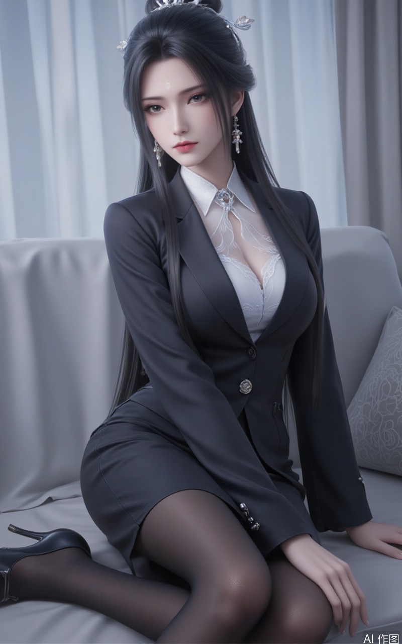 black hair,brown eyes,fair_skin,long hair,hair_bun,jewelry,hair_ornament,forehead_mark,luxueqi,lvjing,
,1girl,breasts,high heels,skirt,solo,pantyhose,couch,jewelry,large breasts,office lady,looking at viewer,earrings,cleavage,shirt,pencil skirt,black footwear,indoors,jacket,white shirt,collared shirt,black jacket,formal,sitting,black skirt,forehead,dutch angle,suit,black pantyhose,closed mouth,long sleeves,curtains
cover,simple background,gradient_background,Close-up details,outstanding style,adding a touch of dimension to your images without compromising details,close-up,