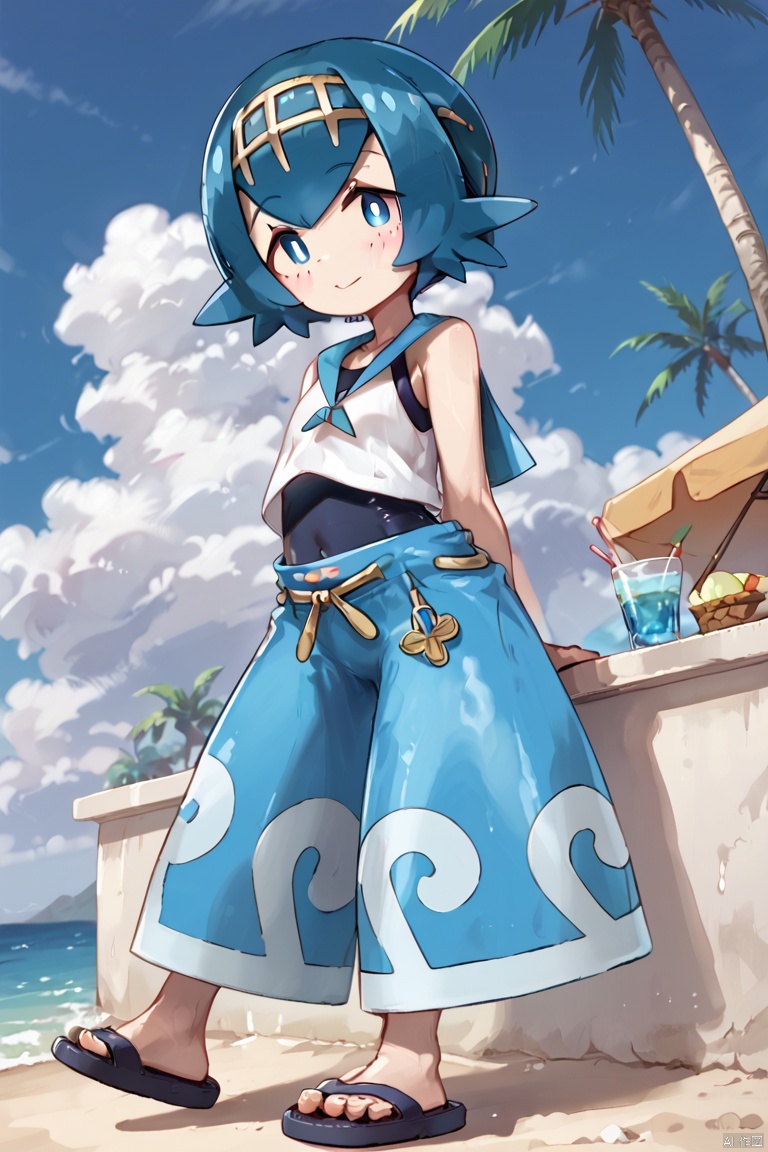 score_9,score_8,score_7, lana \(pokemon\), 1 girl, blue hair, short hair, head band, swimsuit, blue pants, swimsuit under clothes, baggy pants, capri pants, flip-flops,