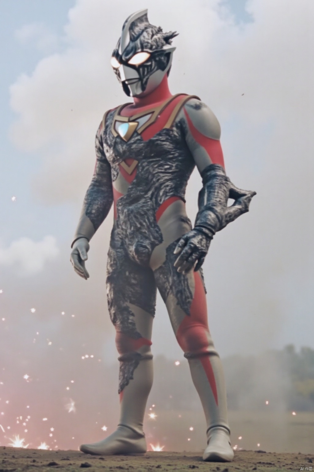 ultraman,silver bodysuit,silver gloves,legwear,gloves,boots,cover,mask,plugsuit,armor,bodysuit,red pattern on body,silver tight-fitting,silver footwear,helmet,leather suit,latex,tokusatsu,no humans,science fiction,silver head,hard mask,no smile,no eyes,no nose,solo,silver rubber bodysuit with red line