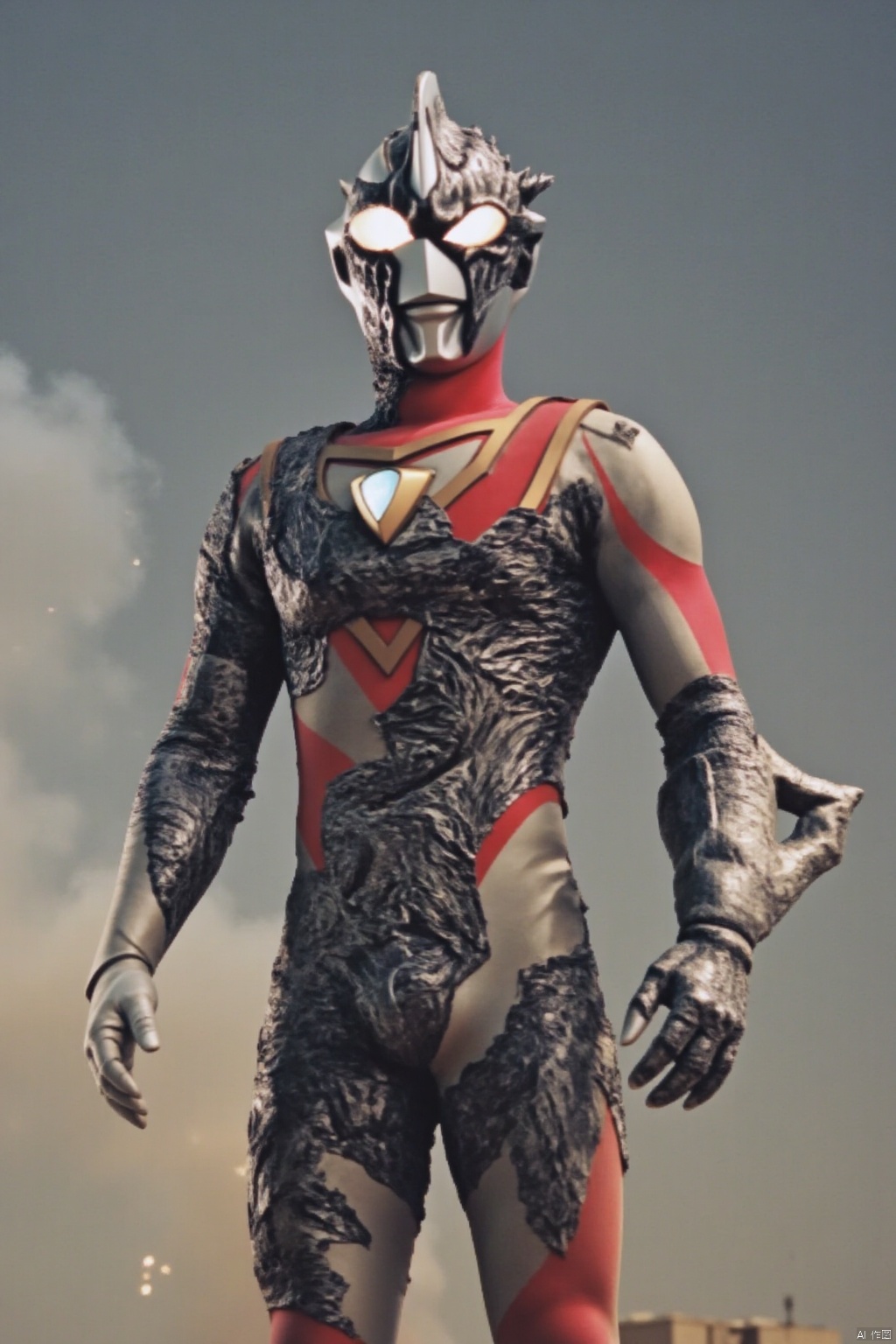 ultraman,silver bodysuit,silver gloves,legwear,gloves,boots,cover,mask,plugsuit,armor,bodysuit,red pattern on body,silver tight-fitting,silver footwear,helmet,leather suit,latex,tokusatsu,no humans,science fiction,silver head,hard mask,no smile,no eyes,no nose,solo,silver rubber bodysuit with red line