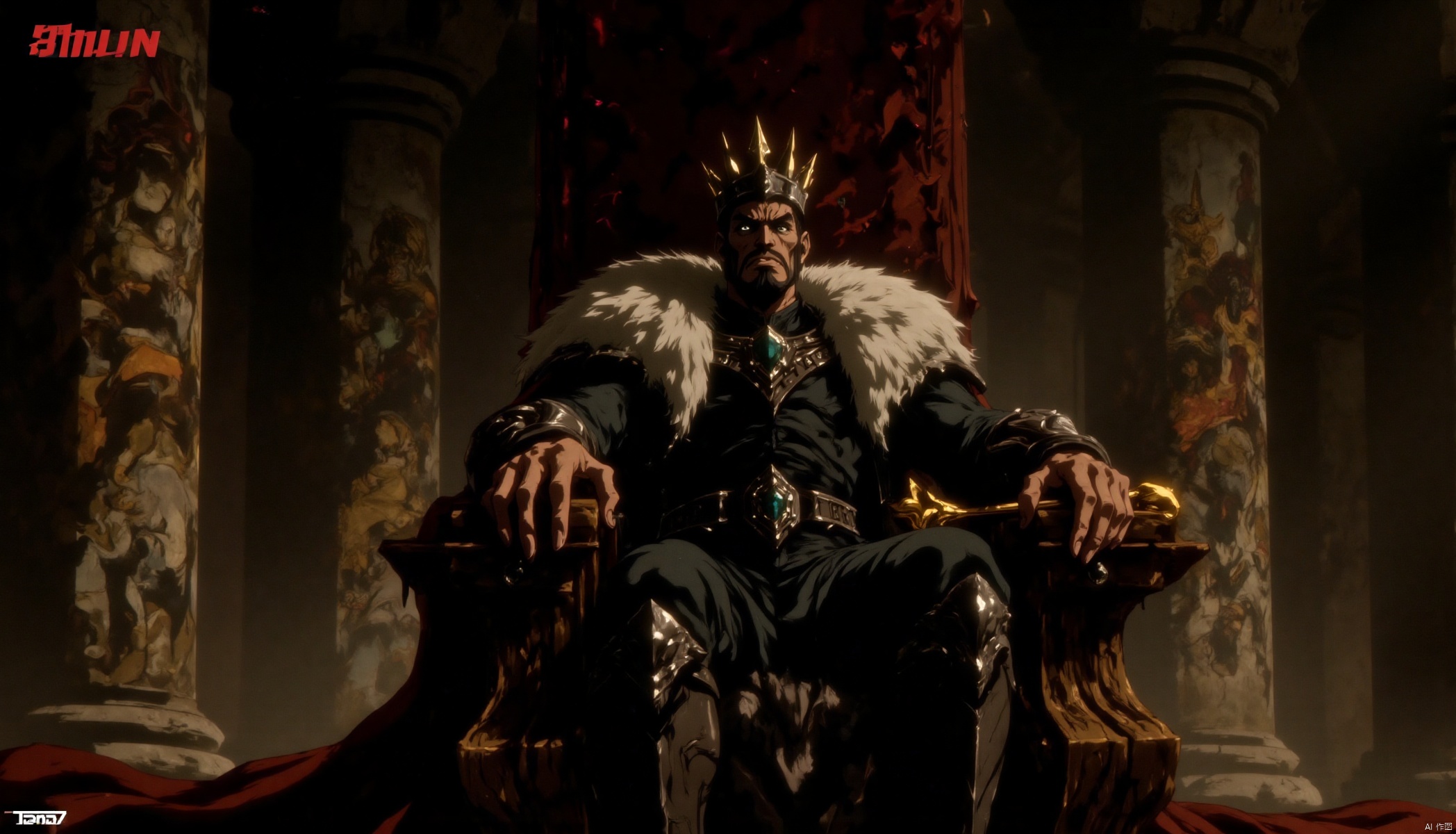 In the hall of an ancient castle, huge stone pillars support the lofty dome. On the walls hang faded and magnificent tapestries depicting the glorious battles of the past. A king dressed in a splendid robe is sitting on an oak throne studded with jewels. His eyebrows are knitted, his eyes are deep and worried, and he is tightly holding the golden scepter symbolizing power in his hand, seemingly thinking hard about the future of the country.