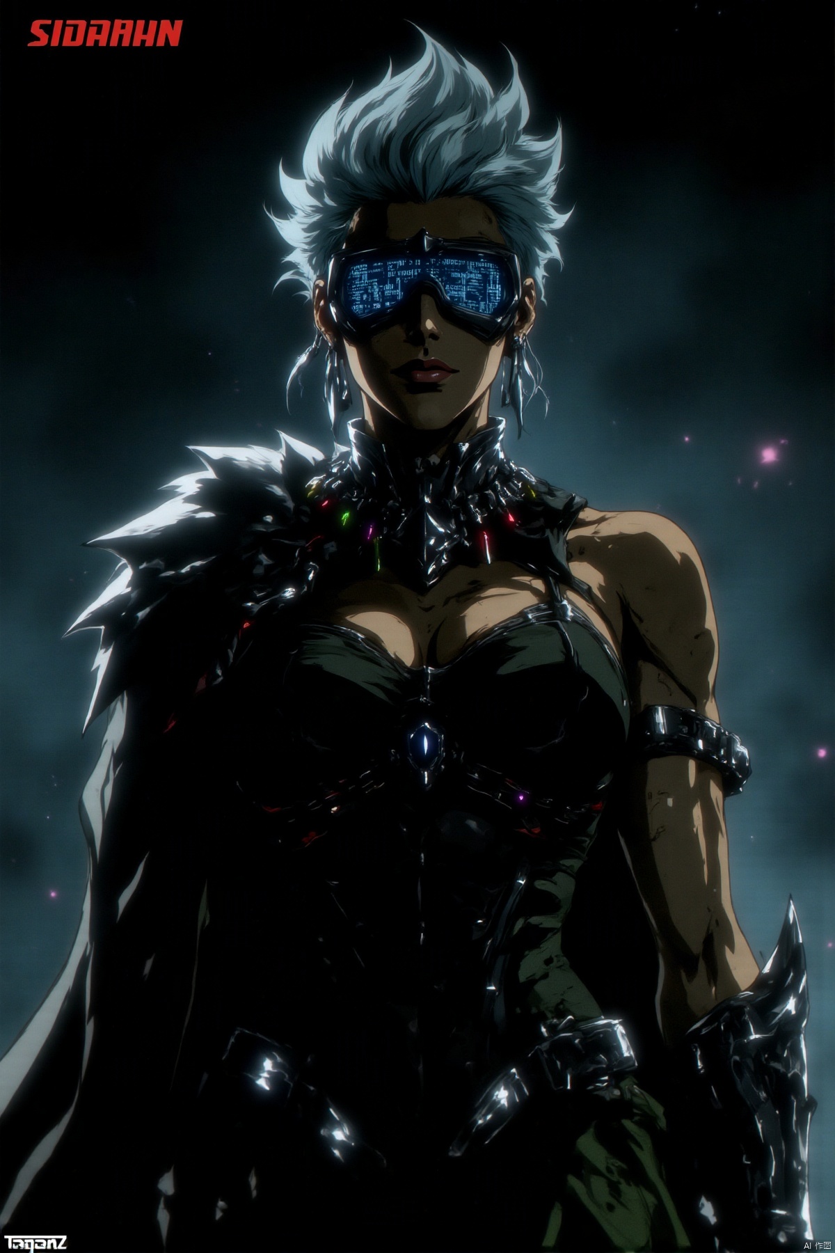In the neon light and shadow of cyberpunk, the upper body of this woman is uniquely charming. Her hair is a dazzling silver-blue, trimmed in a sharp geometric shape, as if it's a hairstyle from the future.
Her eyes are occupied by a pair of goggles with augmented reality functions, on which complex codes and information flows are scrolling. Her tall nose and sharp chin outline her resolute facial contour.
She is wearing a black leather bodysuit studded with luminous circuit lines that flash rhythmically with her breathing and movements. Over it is a metallic cape that flutters and makes a clanging sound on her shoulders.
Her hands are wearing metal gloves with haptic feedback, and the finger parts are equipped with miniature tools and weapons. Around her neck is a collar woven from data optical cables, flashing multicolored lights, echoing the circuit lines on the bodysuit.
