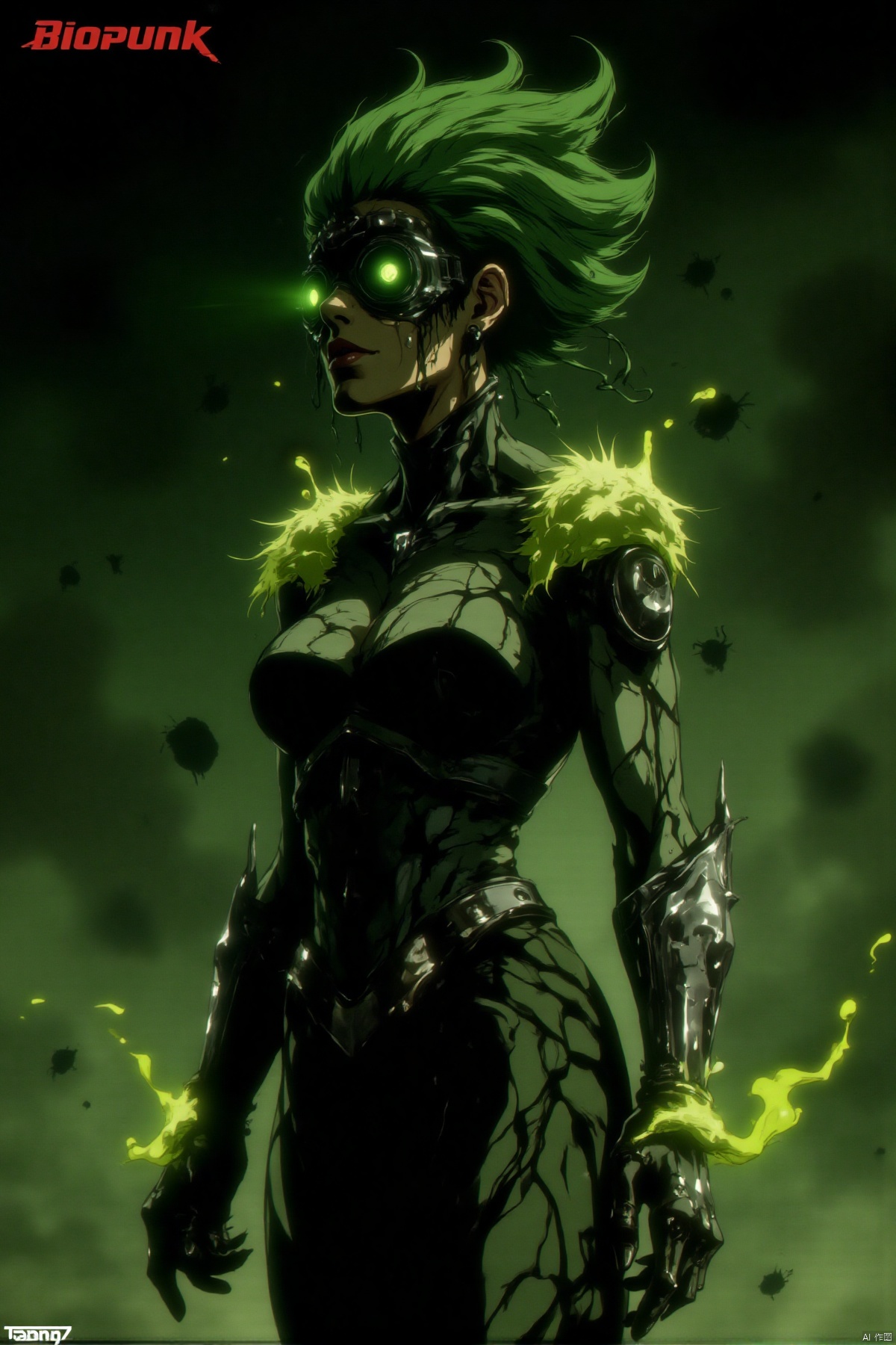 Standing sideways.In the strange atmosphere of biopunk, the upper body of this woman is full of mystery. Her hair presents a strange green color, as if it was stained by some special chemical agent, and there are also some small metal wires mixed among the hair strands.

Her eyes are wearing a pair of goggles with biological monitoring functions, and green data lights flash on the lenses from time to time.

She is wearing a tight-fitting suit made of special synthetic materials. The surface of the suit has vein-like patterns and changes color according to her emotions and physical state.

Her shoulders are covered with a layer of translucent protective film, and some tiny biosensors can be faintly seen flashing under it.

Her hands are wearing gloves with biochemical interfaces, and some green liquid is secreted from the fingertips from time to time. This liquid has strong corrosiveness. At her wrist, a small biochemical syringe is embedded, and the liquid inside shows a terrifying dark green color. 