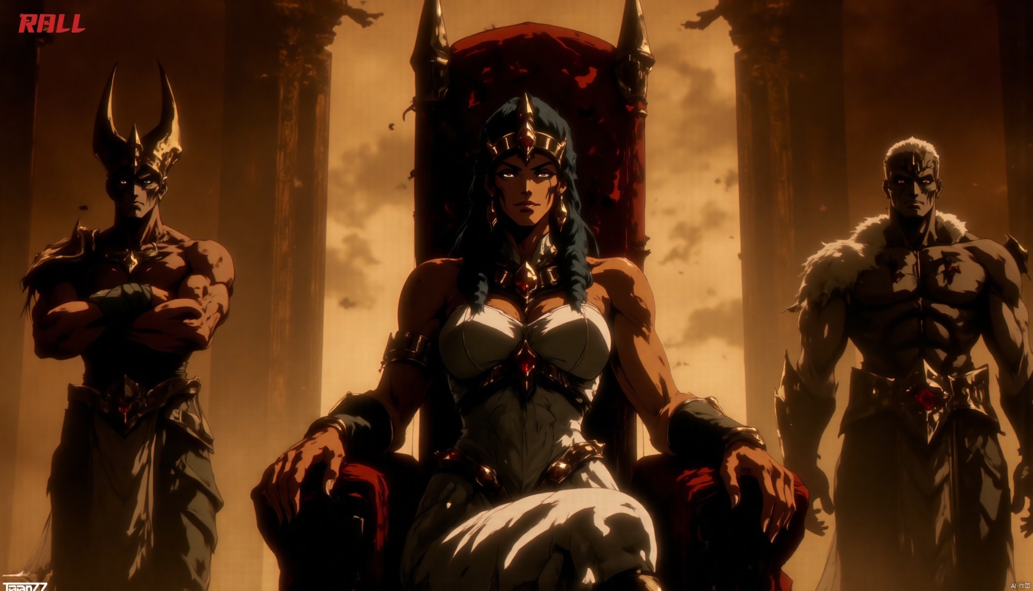 Cleopatra is sitting on the throne with the Egyptian ministers below.
