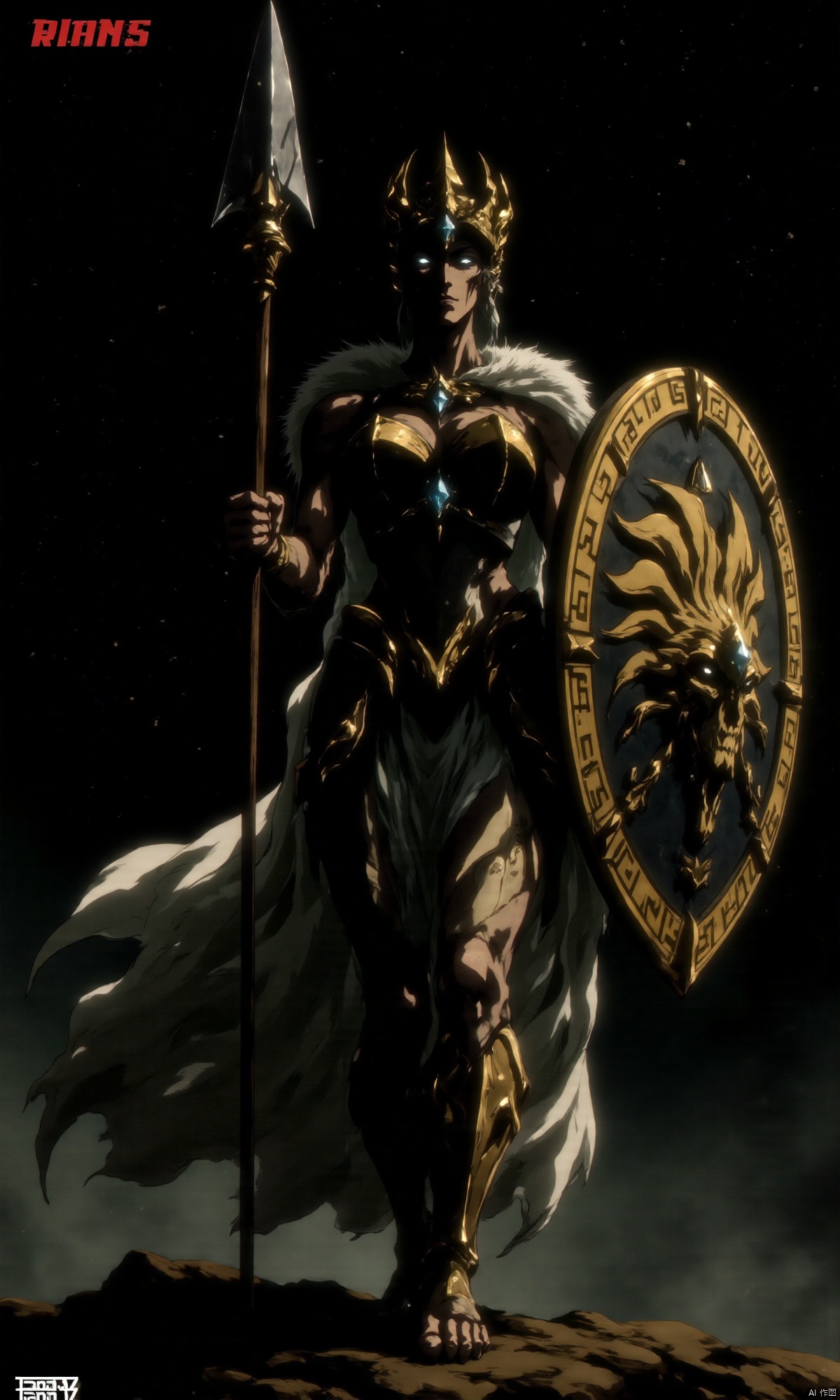 In the underworld of Hades, darkness envelops all like a heavy curtain, and the sky is filled with countless twinkling stars, mirroring the vast and distant cosmos. This realm is the dominion of the dead, a place where souls find their rest, echoing with eternal silence and mystery. The Goddess of Wisdom and War, Athena, descends here in an extraordinary manner, clad in her iconic golden armor and wearing a helmet adorned with olive branches and griffin motifs. Her silver robe flutters gently in the wind, its edges embroidered with delicate gold thread that glows with the light of dawn. In one hand, she holds a massive aegis shield, its surface emblazoned with the visage of Medusa, surrounded by intricate runes that emit a soft luminescence in the darkness, radiating protective power. In her other hand, she wields a spear, its tip sharp and gleaming with a cold light, ever ready to meet any challenge. Athena's eyes are like the brightest stars in the deep night sky, her pupils shimmering with silver light that stands out prominently in the darkened underworld. Her face is resolute and dignified, with a small gem embedded in the center of her forehead that emits a soft blue glow as she moves. The ground beneath her feet is covered by a faint halo composed of countless tiny starlights, leaving a briefly luminous trail behind her with every step. The surrounding air is infused with a subtle fragrance, a sanctified aroma emanating from her presence, blending the scents of olive trees and frankincense. As she moves, slight ripples form in the air,