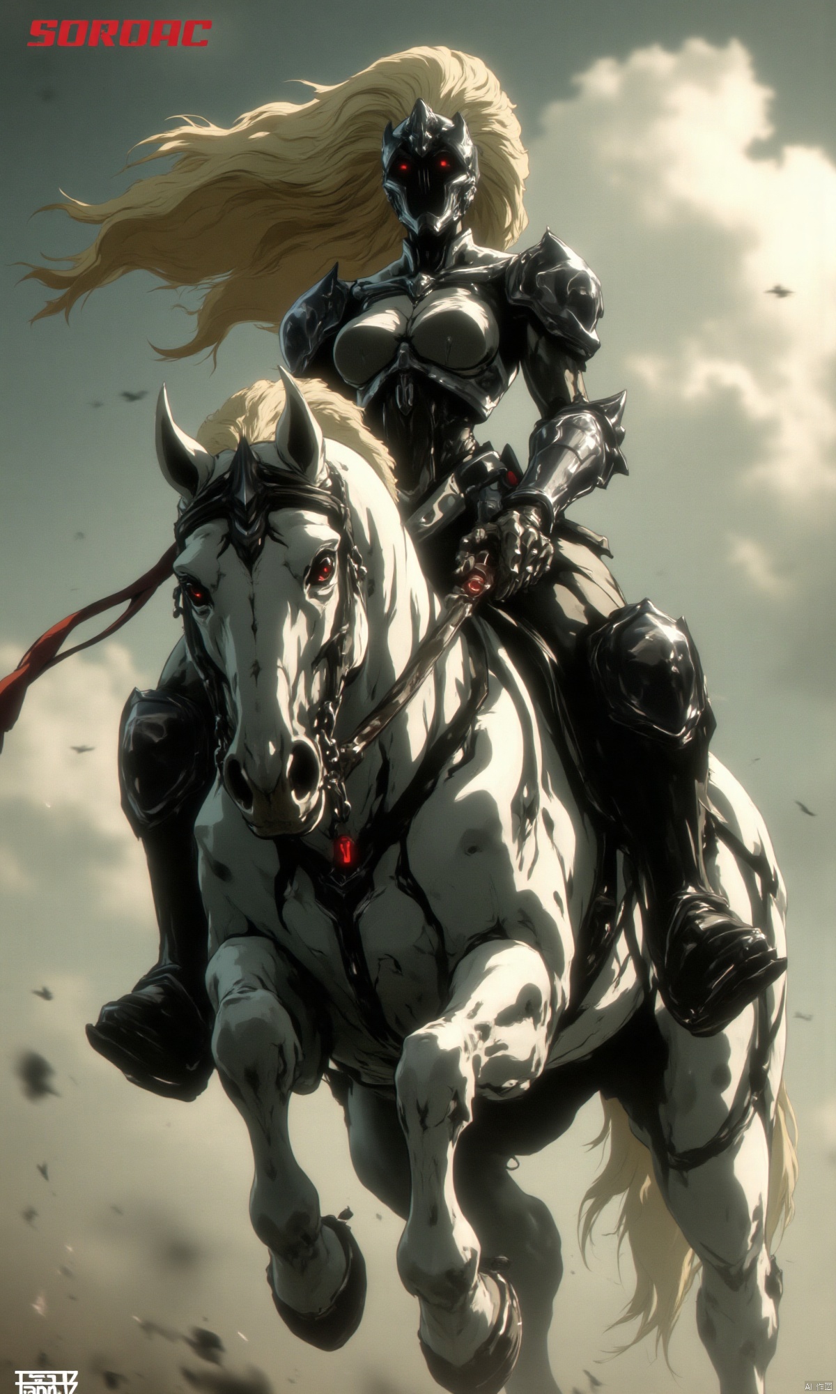 a semi robotic female knight riding a white mechanical horse with flowing long hair and holding a handgun is a future police officer,white future technology style,