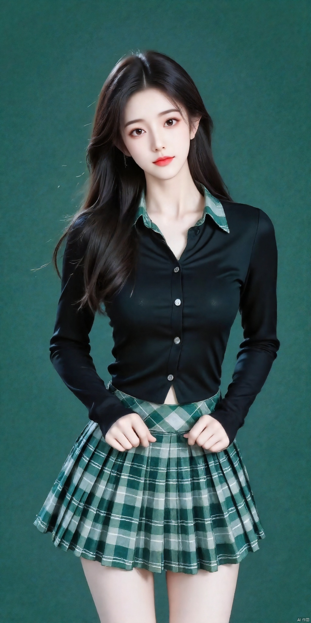 1girl, solo, long hair, looking at viewer, skirt, simple background, shirt, black hair, long sleeves, standing, pleated skirt, parted lips, lips, head tilt, plaid, black shirt, plaid skirt, pale skin, green background, realistic, red lips