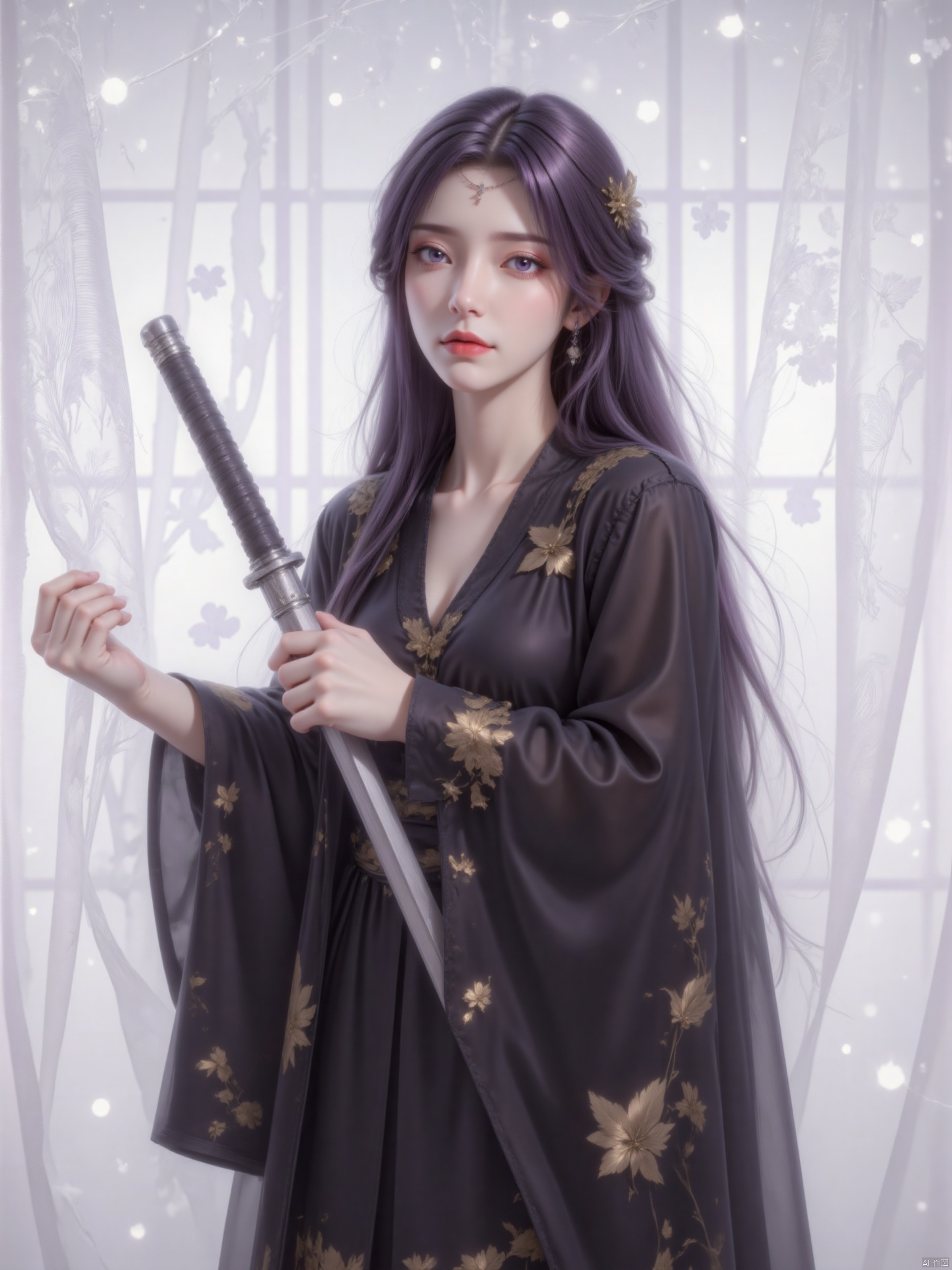 a woman dressed in a black kimono, adorned with gold embroidery, stands in front of a backdrop of white curtains. The woman's hair is styled in a sleek bob, and her eyes are a piercing blue. She is holding a silver sword in her right hand, adding a touch of contrast to her black dress. The backdrop is a stark white wall, and the curtains are adorned with white dots, adding depth to the composition.zichu