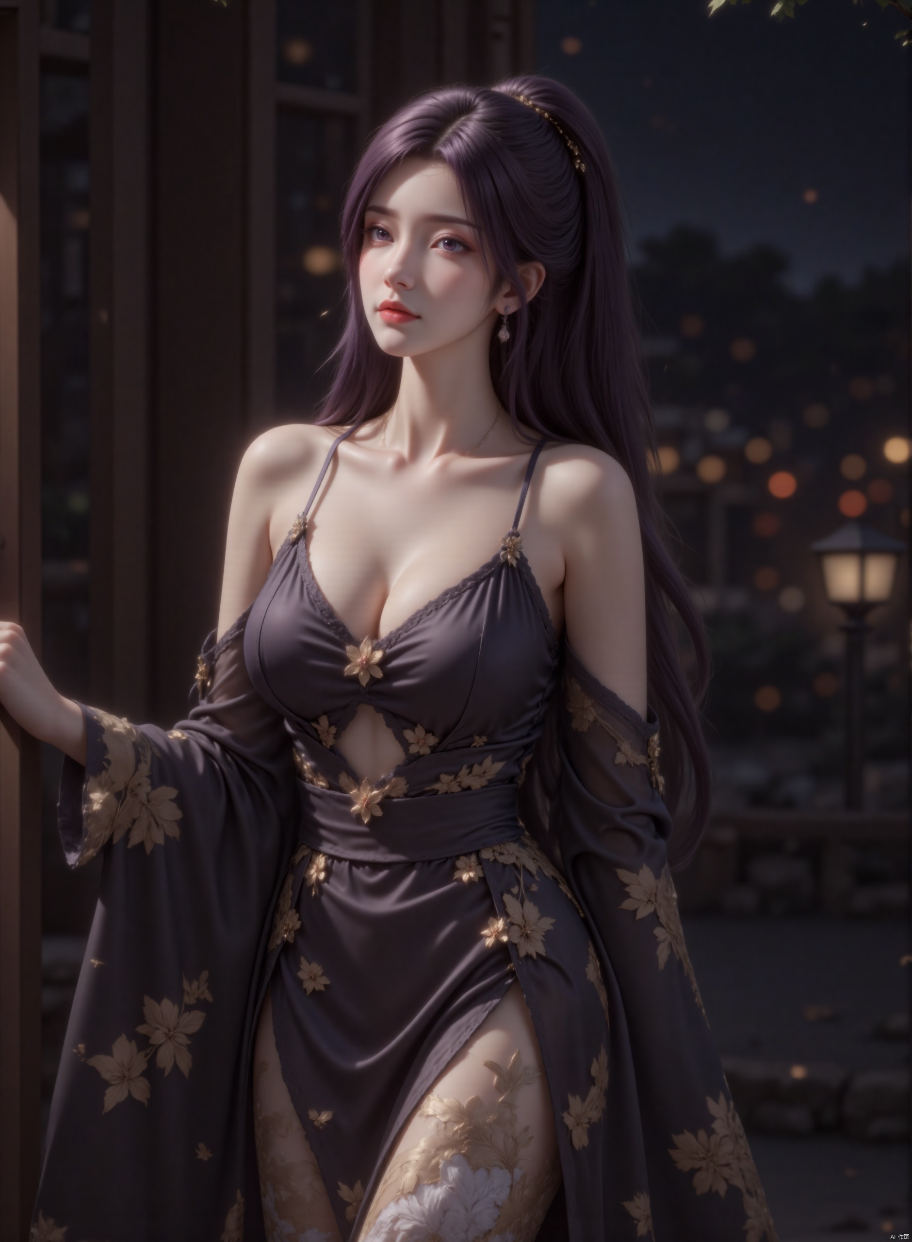 Captured at eye-level on a low-angle shot, a woman dressed in a kimono with a black strapless top and a black skirt adorned with gold flowers and leaves. Her hair is styled in a ponytail, adorned with yellow flowers, adding a pop of color to the scene. The backdrop is a dark, blurred blurred, suggesting a temple or a temple. The woman's hair is pulled back, framing her face, adding depth to the composition.,zichu,汉服