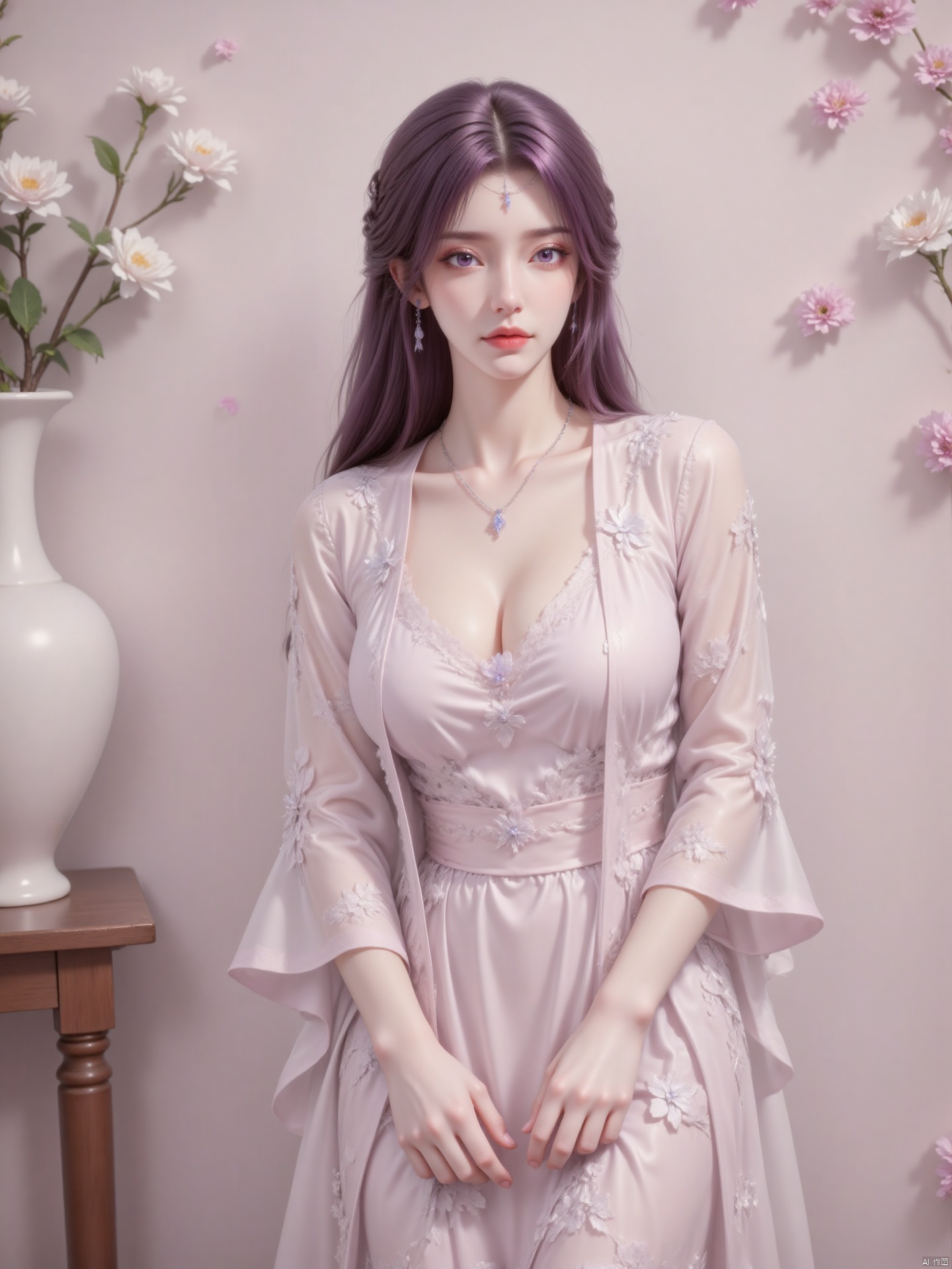 A woman stands in front of a wall decorated with white vases filled with white flowers. She wore a pale pink kimono decorated with white embroidery, a necklace and a tassel. She has long smooth purple hair. Her eyes are piercing blue. Her dress was decorated with pink flowers, adding a splash of color to the picture. The background is light pink, the vase is placed on a brown wooden table, and there is a wooden stool on the left side of the picture.zichu