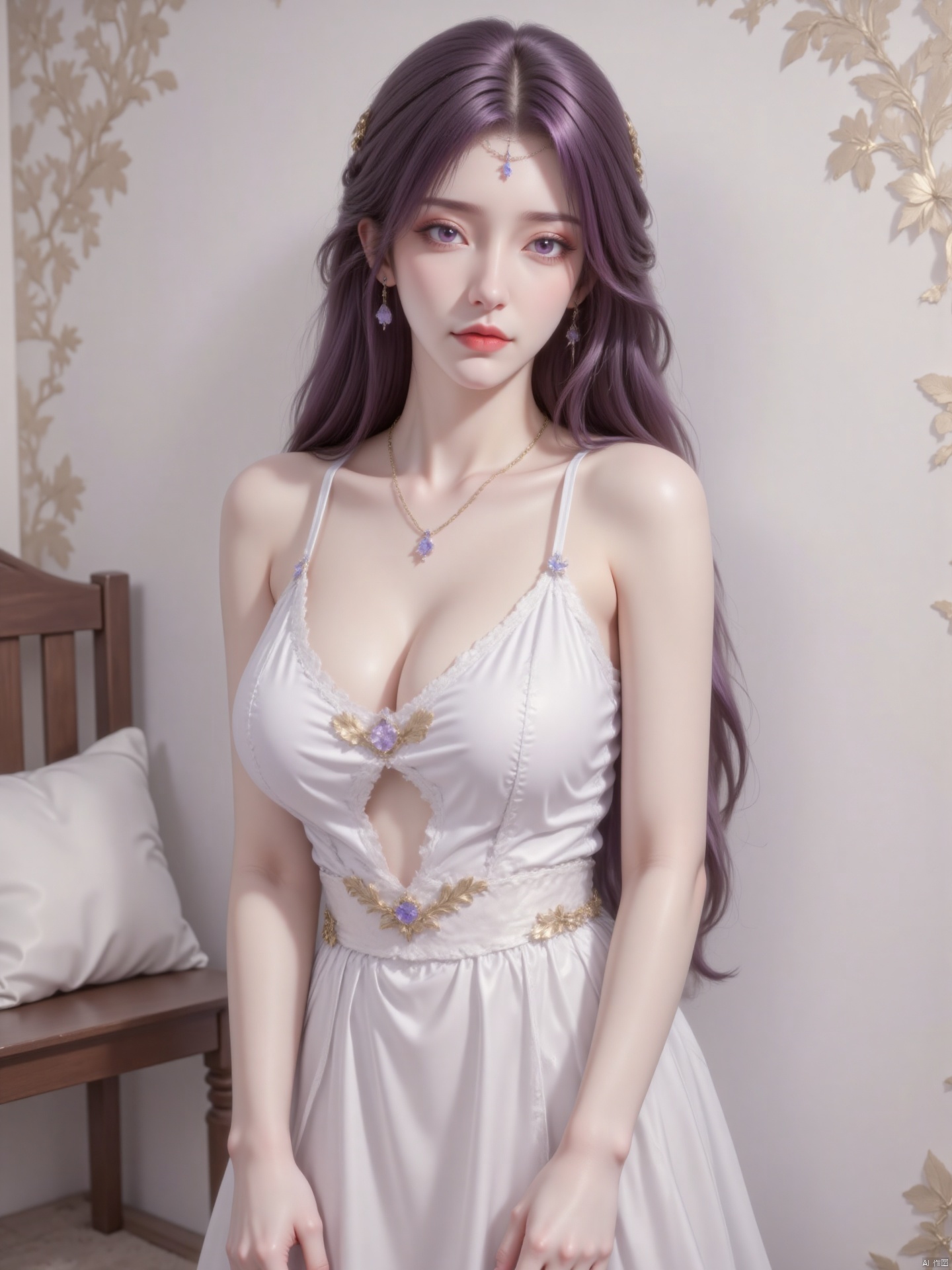 3D rendering of a woman in a white dress with gold embellishments, sitting on a bed. She added a touch of glamor to her outfit with a gold crown, necklace and bracelets. Her eyes are piercing blue and her long purple hair falls around her shoulders. Her lips were dark red and she wore red lipstick. The background is a pure white wall with a gold pattern, and a brown chair with a white pillow sits to her left.zichu