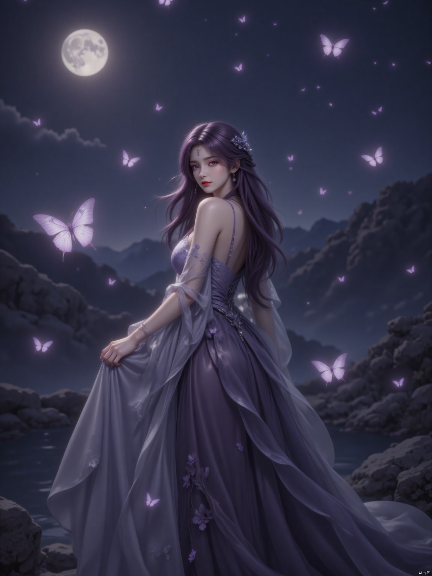 A serene woman with a cascade of purple hair and a flowing purple gown, bathed in the soft glow of moonlight on a quiet night. Her features are illuminated, radiating an aura of mystique. A delicate dance of butterflies flutters around her, adding to the ethereal atmosphere. The composition is centered, with the subject's gentle pose and the fluttering butterflies creating a sense of harmony.zichu