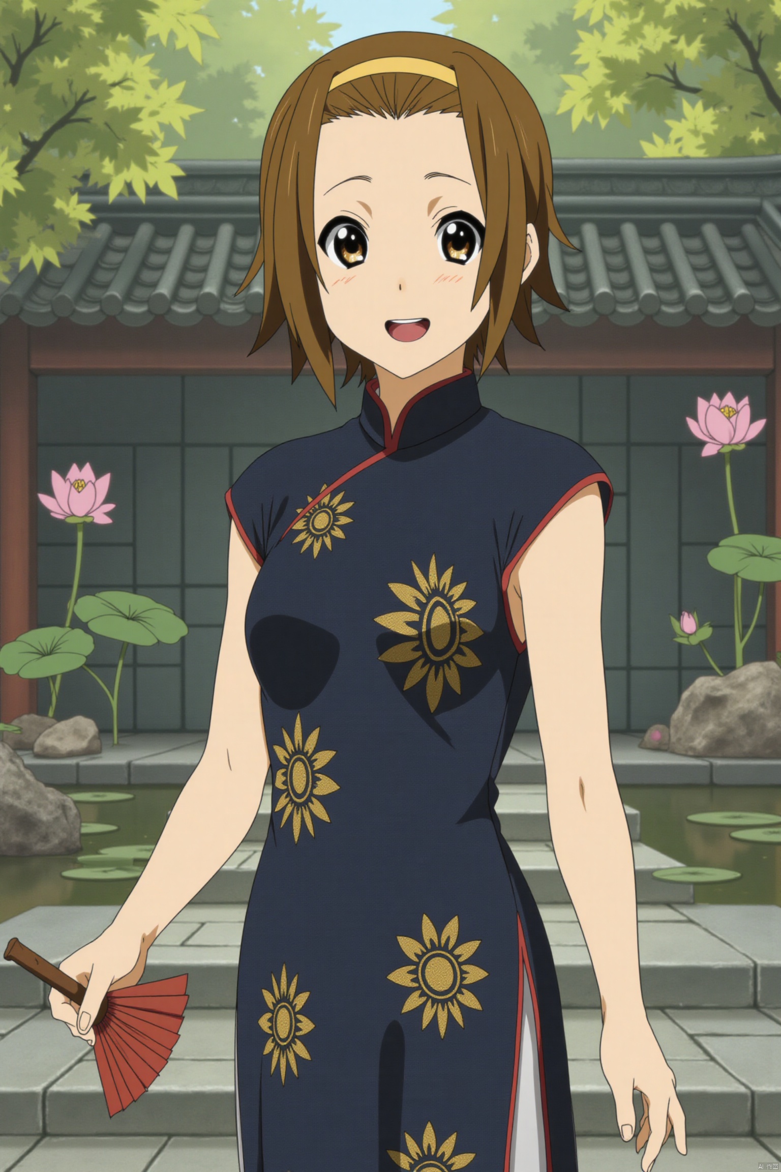 Takai Nakari wore a traditional Chinese cheongsam, which was mainly dark blue, embroidered with exquisite gold patterns, and red borders on the neckline and cuffs. The cheongsam's tailoring fits her figure, showing the charm of coexistence of elegance and vitality. Her hair was trayed into a classical bun, with a delicate hairpin, an antique Chinese courtyard with rockery, ponds and blooming lotus flowers. The sun shines on the stone road through the leaves, standing in the courtyard, holding a folding fan in his hand, gently unfolding, with a naughty smile on his face and a touch of playfulness in his eyes. Her other hand slightly lifted the hem of the cheongsam, as if she was about to take a light step