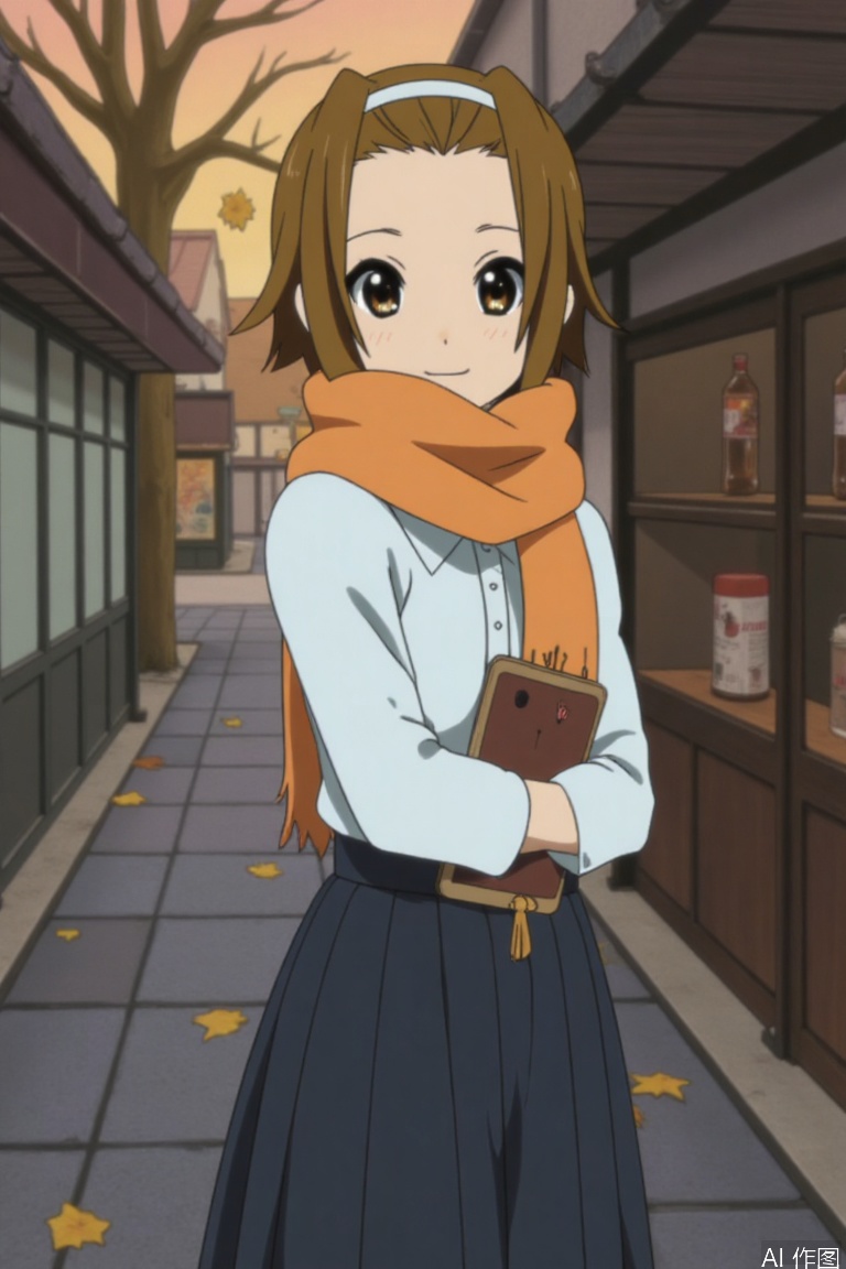 1girl, solo, brown hair, brown eyes, [moon white slanted collar seven-quarter sleeves + dark blue pleated long skirt] orange wool scarf with tassels, short hair with ears, pearl hairpin, nostalgic leather case with jazz drum parts, Shikumen alley with falling leaves, glass bottle soda frosting, dusk light and shadow pass through carved iron door, smile