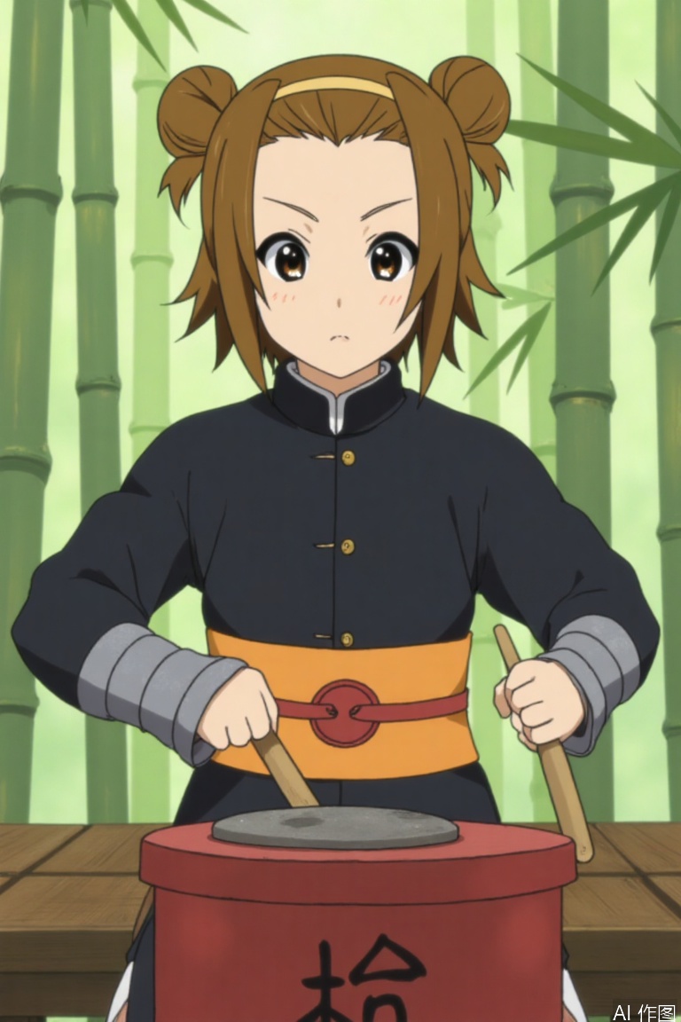 1girl, solo, brown hair, brown eyes, [Black sleeve training suit + orange waist seal] Silver scale soft armor wrist guard, high-tie double bun head with bamboo leaf hairpin, red painted wooden box drum, background bamboo forest fog sways, lightly tap bluestone on the toes, dynamically capture the moment of the clothes flying, flame pattern painted at the corners of your eyes