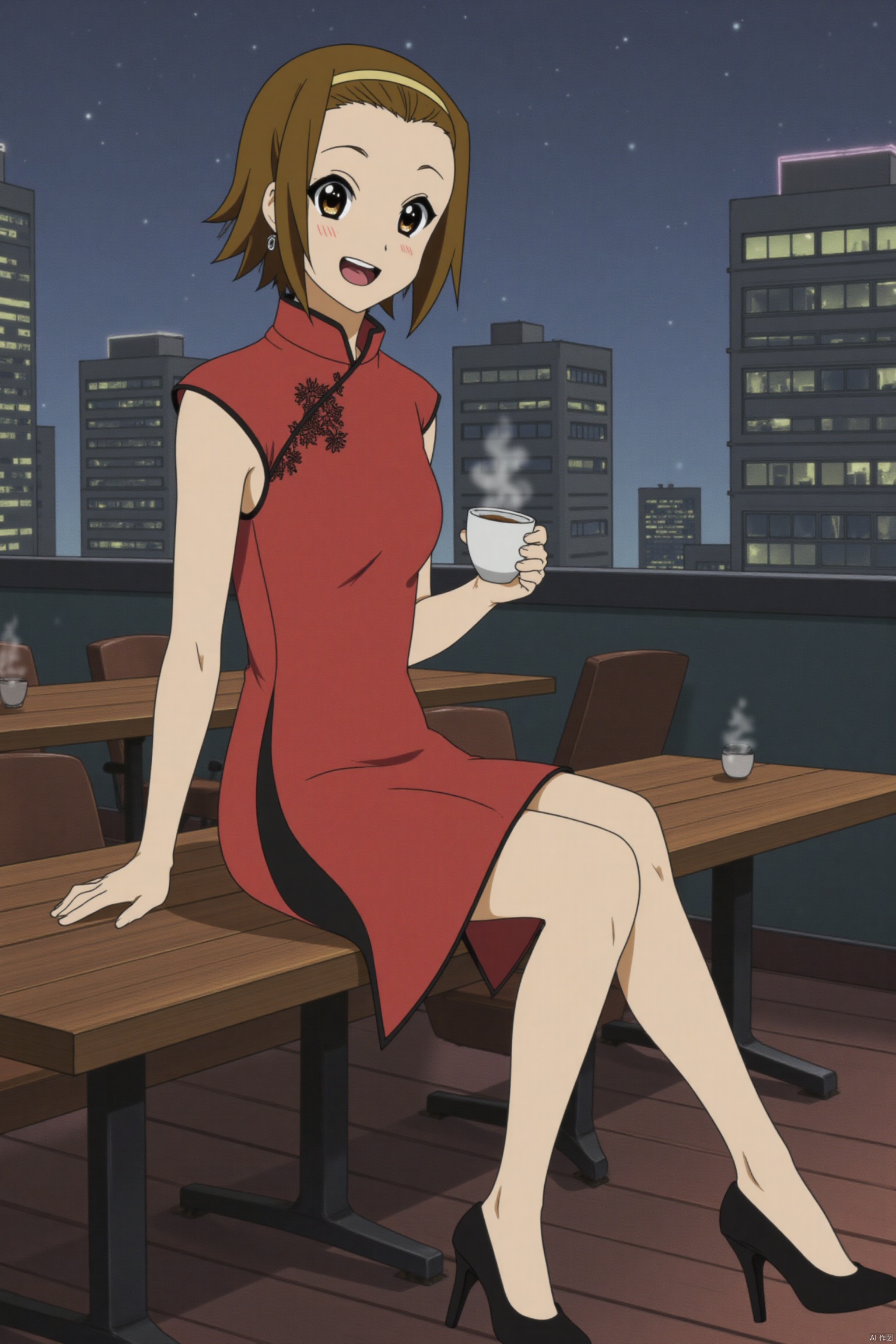 Takai Nakari was wearing a modern and modified version of the cheongsam, which was mainly red and paired with black lace trim. The hem of the skirt was slightly shortened, showing her youthful vitality. The waist design of the cheongsam has hollow details, adding a touch of fashion. Her hair was drifting, she wore a pair of delicate earrings, a pair of black high heels on her feet, a modern art-filled urban rooftop with high-rise buildings with twinkling neon lights and a few stars dotted in the sky. There are several retro tables and chairs on the rooftop, and a cup of steaming tea is placed on the table. Takai Nakaru sat on the edge of the rooftop, his legs swaying gently, holding a cup of tea in his hand, with a naughty smile on his face , eyes full of expectations for the future. Her other hand was casually placed on her knees, showing a casual and confident temperament