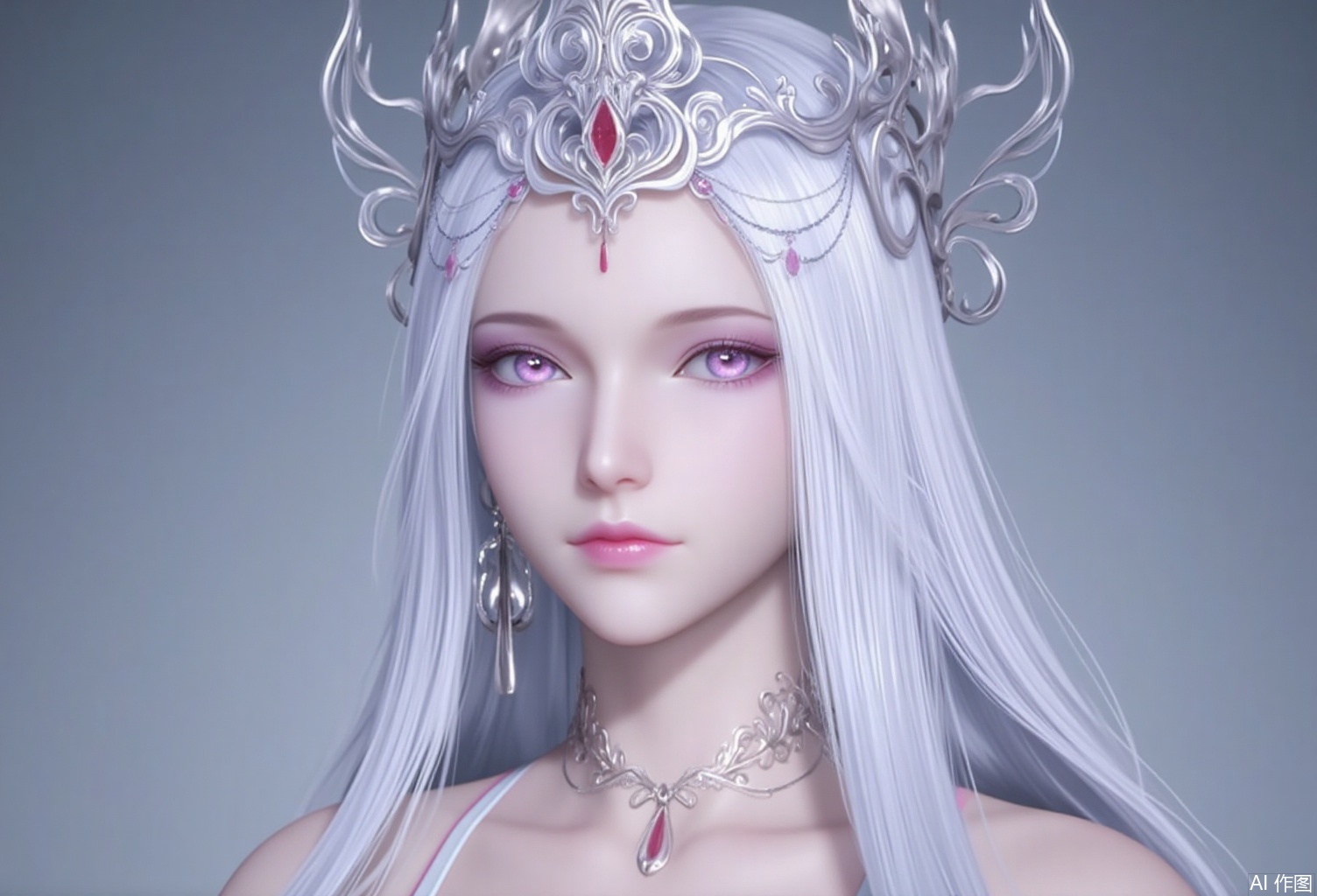 baoshi,lvjing,bosaixi,white hair,long hair,fair_skin,purple eyes,crown,jewelry,earrings,1girl, long hair, white hair, dress, upper body, bare shoulders, solo, hair ornament, jewelry, tiara, white dress,Close-up details,outstanding style,adding a touch of dimension to your images without compromising details,close-up,lvjing,