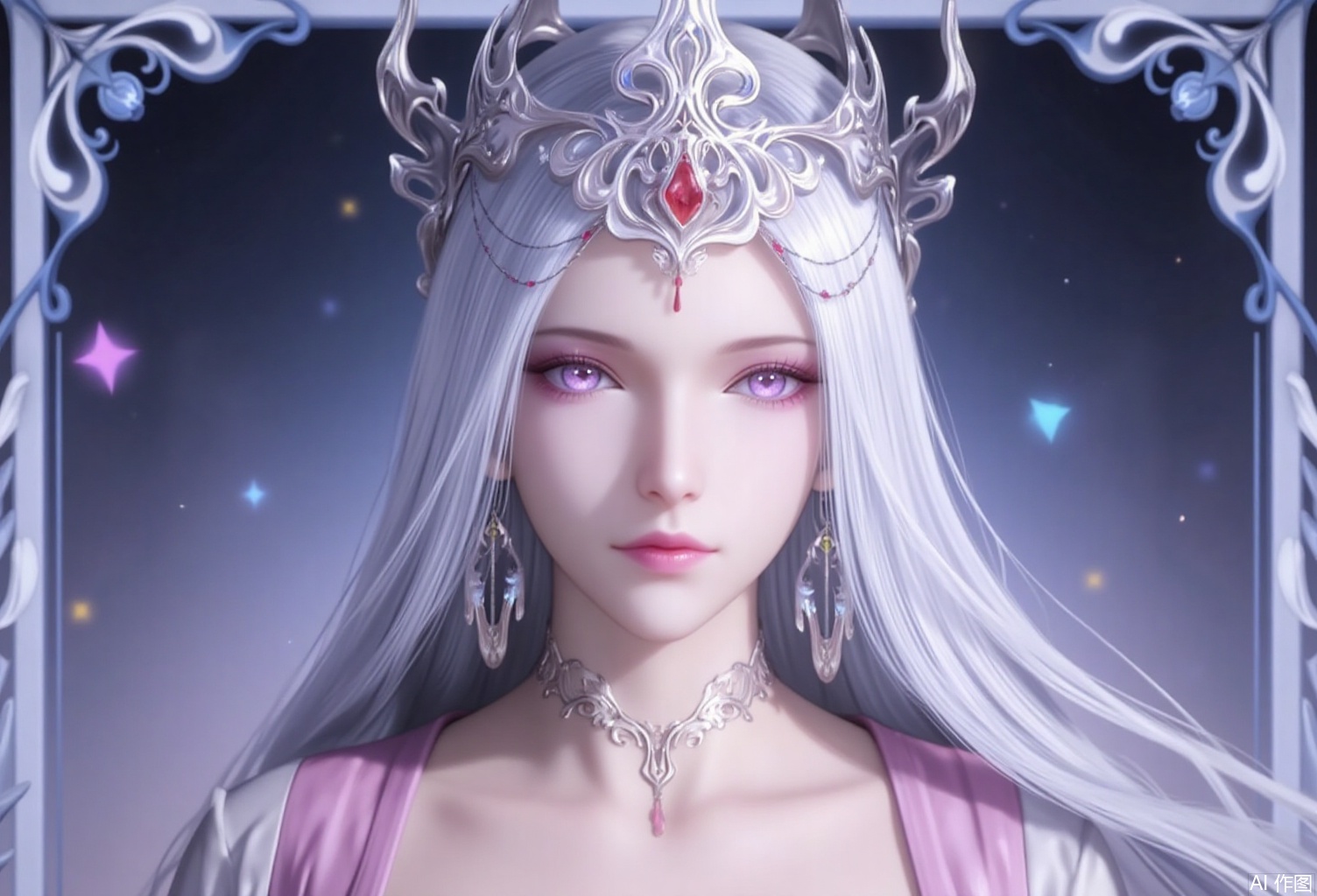 baoshi,lvjing,bosaixi,white hair,long hair,fair_skin,purple eyes,crown,jewelry,earrings,1girl,solo,earrings,jewelry,looking at viewer,breasts,tarot,collarbone,upper body,dress,closed mouth,card \(medium\),tarot \(medium\),frills,border,cover,gradient background,close-up details,outstanding style,adding a touch of dimension to your images without compromising details,close-up