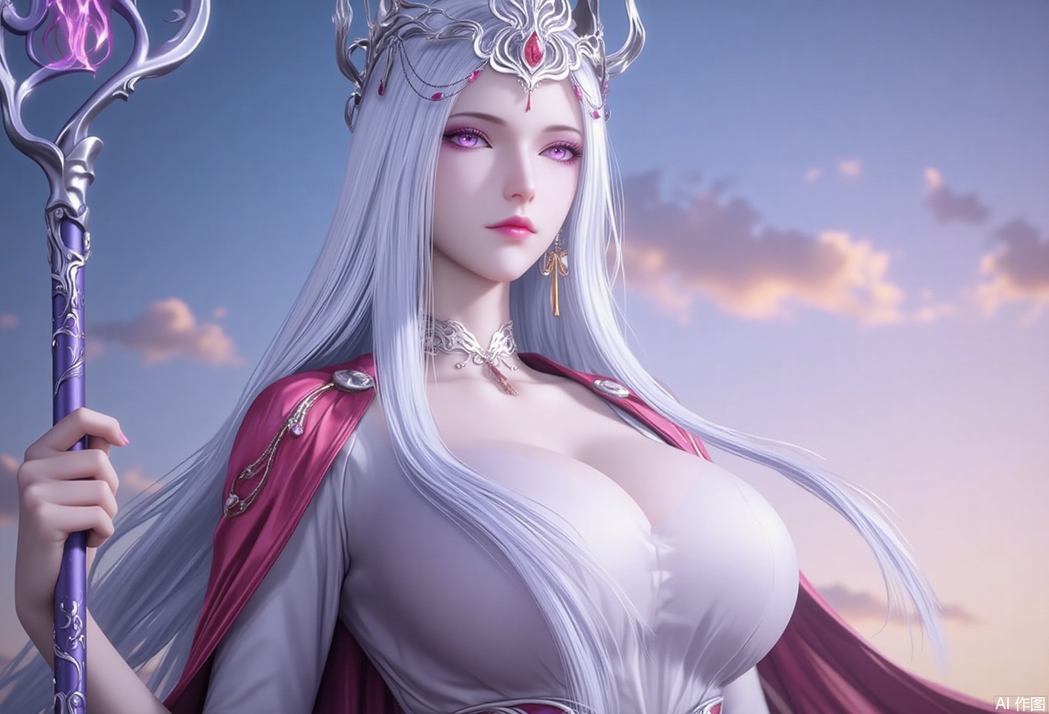 baoshi,lvjing,bosaixi,white hair,long hair,fair_skin,purple eyes,crown,jewelry,earrings,1girl, staff, long hair, solo, white hair, holding, holding staff, looking at viewer, purple eyes, cape, crown, upper body, breasts,Close-up details,outstanding style,adding a touch of dimension to your images without compromising details,close-up,lvjing,