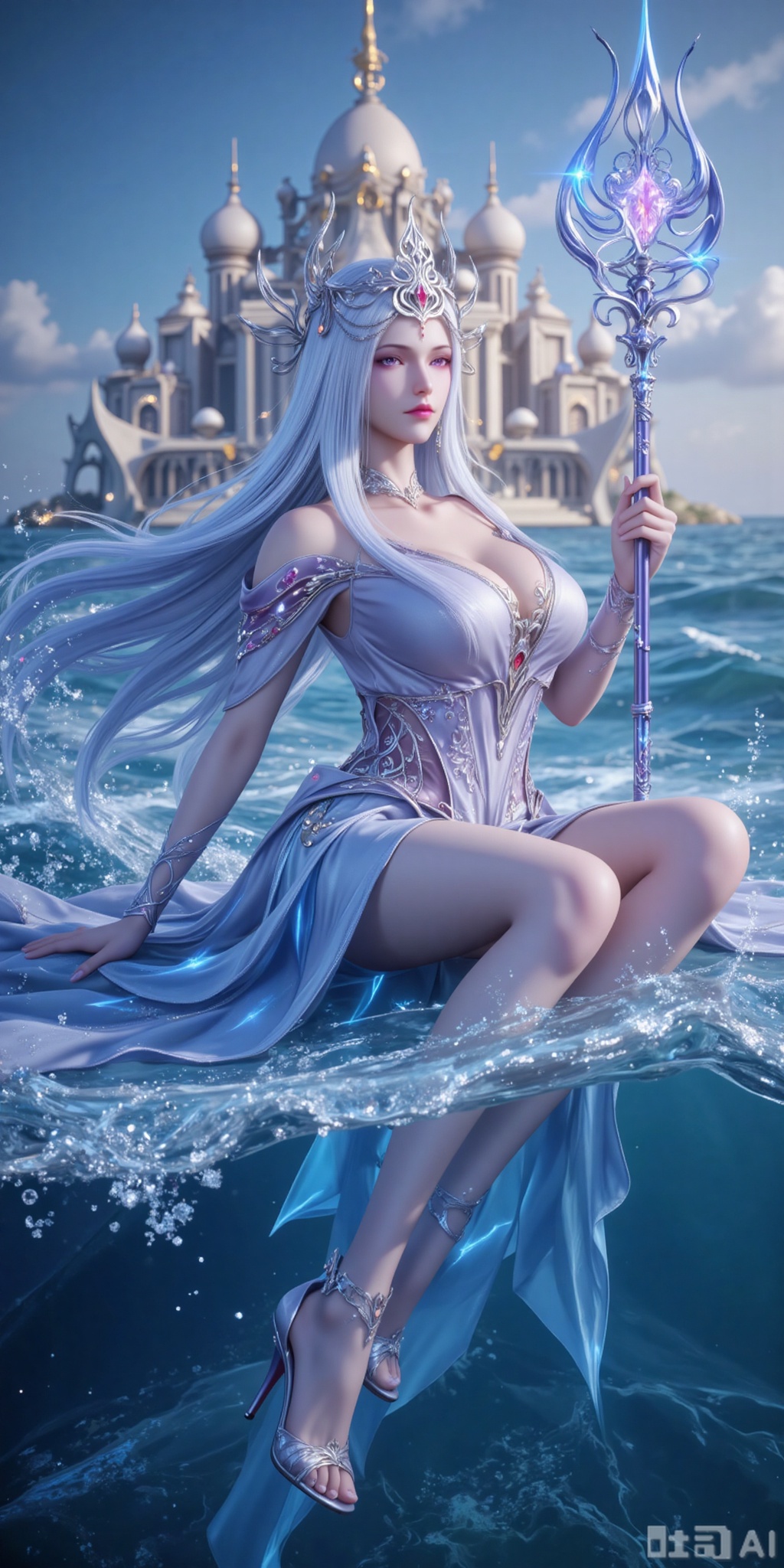 On the vast and boundless sea, a stunningly beautiful woman sat quietly on the shimmering surface, just like a goddess of the sea. Her long white hair, as smooth as silk, fluttered in the wind, shining with a charming luster under the sunlight. The purple eyes were deep and mysterious, as if they contained endless secrets of the ocean. She was adorned with exquisite jewelry. The dazzling earrings complemented the unique hair accessory, exuding an air of nobility and elegance. Wearing a pair of exquisite high heels on her feet, she added a touch of feminine charm. She was dressed in a beautiful evening gown, which was inlaid with brilliant gemstones, shining as brightly as the stars in the night sky. In her tightly held hand was a sea god's scepter symbolizing supreme power. The tip of the scepter sparkled with a blue light, echoing the powerful blue soul energy emanating from her entire being, as if she were the master of this ocean. Behind her lies a magnificent palace of the sea goddess. The resplendent buildings shine brightly in the sunlight, and countless waves surge around the palace, as if paying tribute to her. The entire scene is filled with mystery and magnificence, leaving people in awe.
bosaixi,lvjing,pifu,