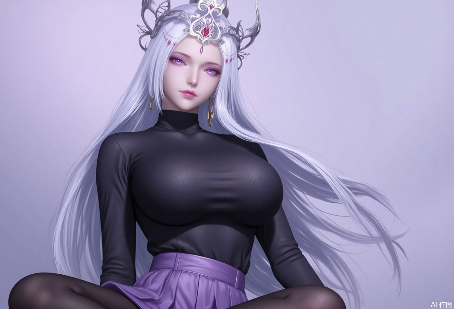 baoshi,lvjing,bosaixi,white hair,long hair,fair_skin,purple eyes,crown,jewelry,earrings,1girl,pantyhose,breasts,skirt,solo,ass,large breasts,bangs,black pantyhose,looking at viewer,purple skirt,black sweater,long sleeves,underwear,sweater,turtleneck,pleated skirt,black shirt,gradient background,simple background,simple background,gradient_background,cover,Close-up details,outstanding style,adding a touch of dimension to your images without compromising details,close-up,