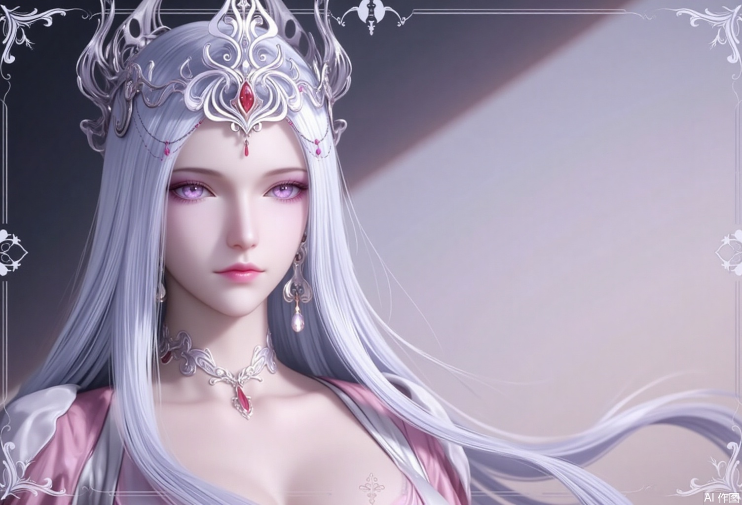 baoshi,lvjing,bosaixi,white hair,long hair,fair_skin,purple eyes,crown,jewelry,earrings,1girl,solo,earrings,jewelry,looking at viewer,breasts,tarot,collarbone,upper body,dress,closed mouth,card \(medium\),tarot \(medium\),frills,border,cover,gradient background,close-up details,outstanding style,adding a touch of dimension to your images without compromising details,close-up