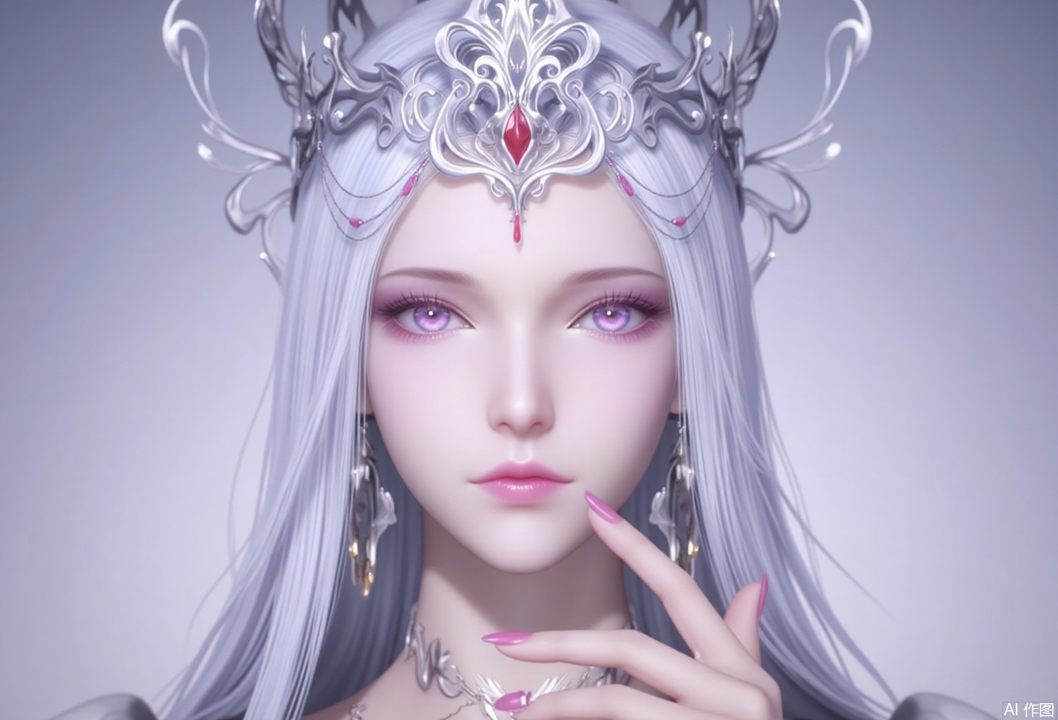 baoshi,lvjing,bosaixi,white hair,long hair,fair_skin,purple eyes,crown,jewelry,earrings1girl,solo,realistic,looking at viewer,fingernails,tiara,photorealistic,parted lips,lips,upper body,dress,44,cover,simple background,gradient background,close-up details,outstanding style,adding a touch of dimension to your images without compromising details,close-up,lvjing,