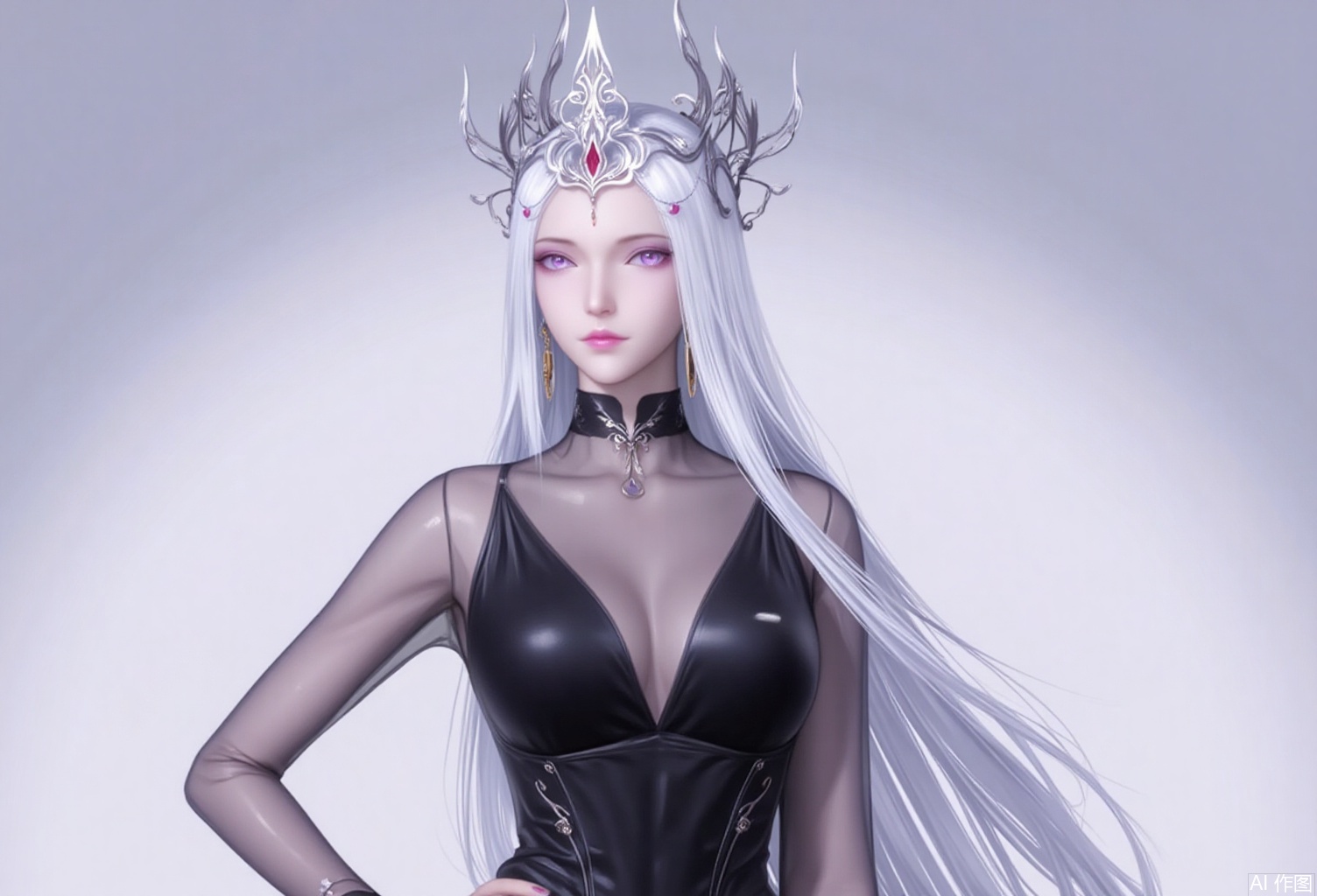 baoshi,lvjing,bosaixi,white hair,long hair,fair_skin,purple eyes,crown,jewelry,earrings,1girl,solo,jewelry,earrings,see-through,dress,upper body,black dress,hand on own hip,breasts,see-through sleeves,13,cover,simple background,gradient background,close-up details,outstanding style,adding a touch of dimension to your images without compromising details,close-up,