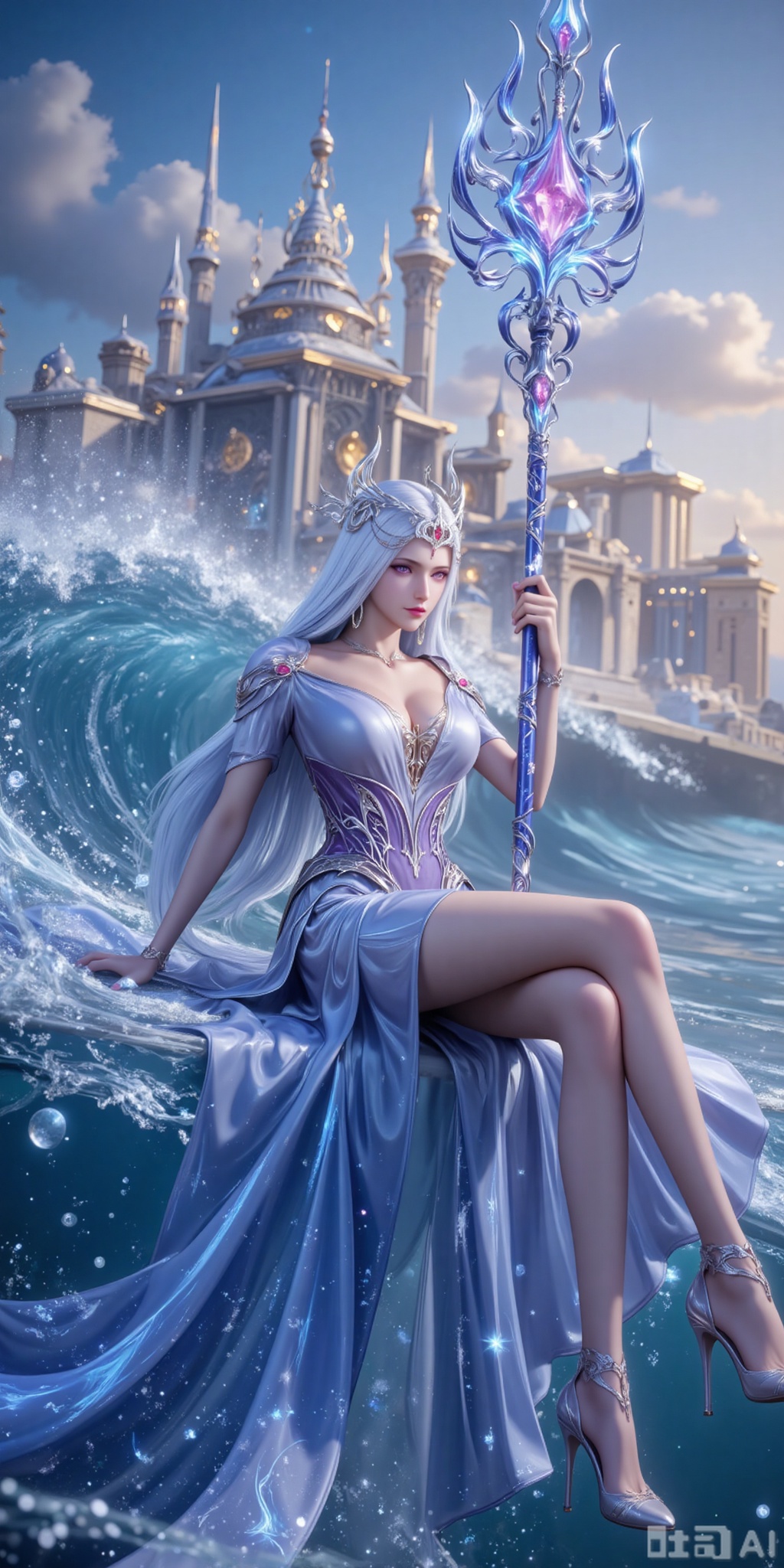 On the vast and boundless sea, a stunningly beautiful woman sat quietly on the shimmering surface, just like a goddess of the sea. Her long white hair, as smooth as silk, fluttered in the wind, shining with a charming luster under the sunlight. The purple eyes were deep and mysterious, as if they contained endless secrets of the ocean. She was adorned with exquisite jewelry. The dazzling earrings complemented the unique hair accessory, exuding an air of nobility and elegance. Wearing a pair of exquisite high heels on her feet, she added a touch of feminine charm. She was dressed in a beautiful evening gown, which was inlaid with brilliant gemstones, shining as brightly as the stars in the night sky. In her tightly held hand was a sea god's scepter symbolizing supreme power. The tip of the scepter sparkled with a blue light, echoing the powerful blue soul energy emanating from her entire being, as if she were the master of this ocean. Behind her lies a magnificent palace of the sea goddess. The resplendent buildings shine brightly in the sunlight, and countless waves surge around the palace, as if paying tribute to her. The entire scene is filled with mystery and magnificence, leaving people in awe.
bosaixi,lvjing,pifu,