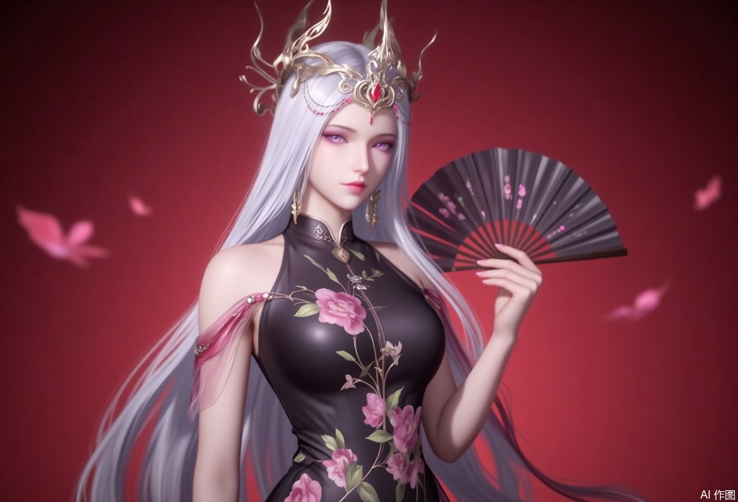 baoshi,lvjing,bosaixi,white hair,long hair,fair_skin,purple eyes,crown,jewelry,earrings,1girl,dress,hand fan,holding,solo,earrings,jewelry,chinese clothes,china dress,black dress,holding fan,floral print,blurry,sleeveless,looking at viewer,sleeveless dress,red background,folding fan,standing,head tilt,2,cover,simple background,gradient background,close-up details,outstanding style,adding a touch of dimension to your images without compromising details,close-up