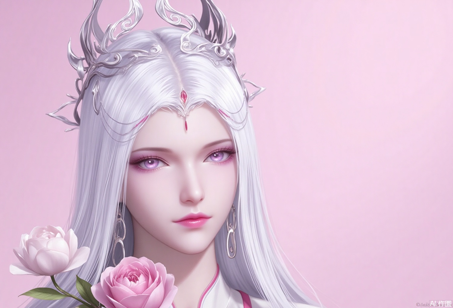 baoshi,lvjing,bosaixi,white hair,long hair,fair_skin,purple eyes,crown,jewelry,earrings,1girl,solo,flower,pink background,holding,holding flower,looking at viewer,portrait,parted lips,realistic,simple background,pink flower,lips,red lips,white flower,58,cover,simple background,gradient background,close-up details,outstanding style,adding a touch of dimension to your images without compromising details,close-up,