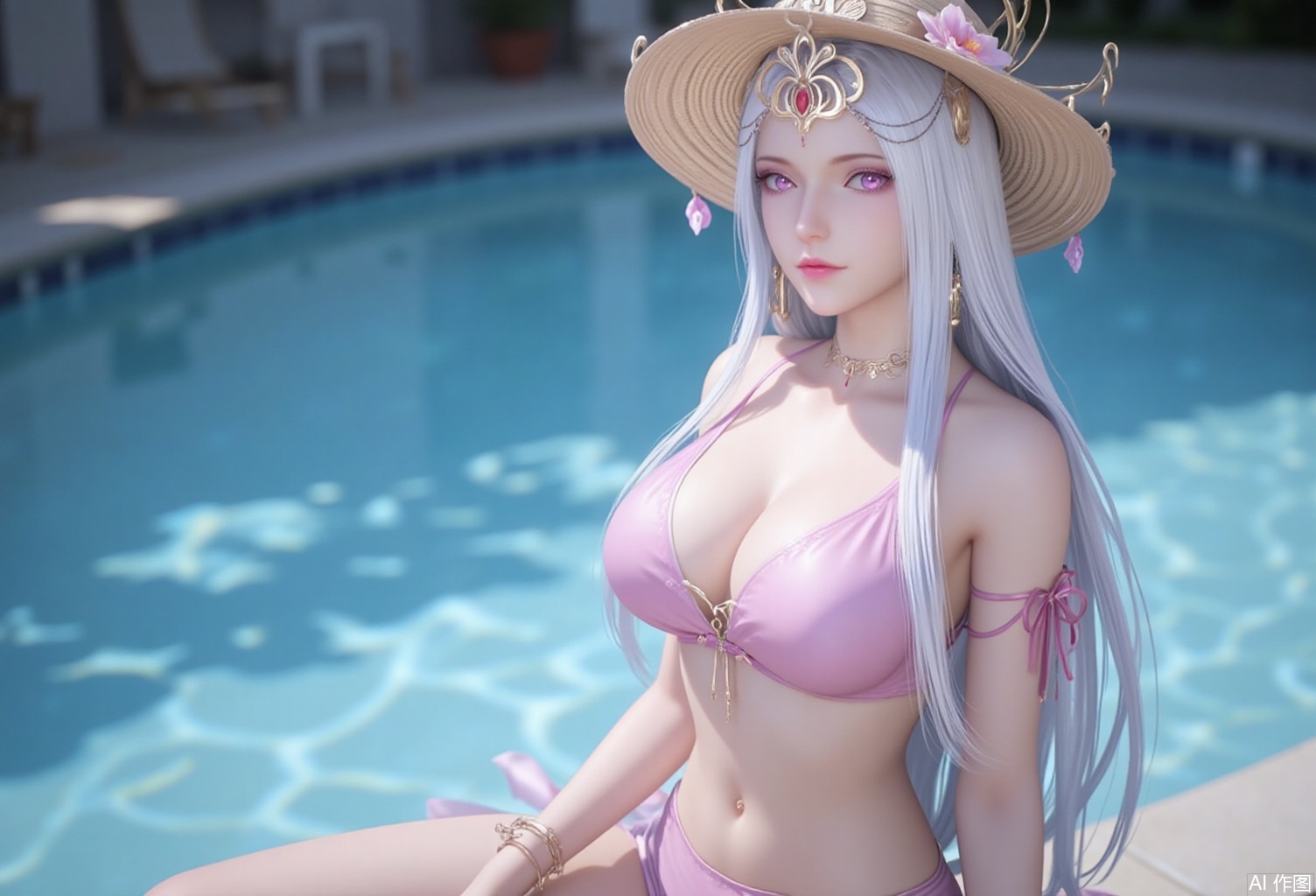 baoshi,lvjing,bosaixi,white hair,long hair,fair_skin,purple eyes,crown,jewelry,earrings,1girl,hat,jewelry,breasts,solo,innertube,bracelet,flower,shorts,earrings,pool,looking at viewer,swimsuit,water,bikini,blurry,sun hat,hat flower,navel,sitting,blurry background,cleavage,collarbone,medium breasts,lips,outdoors,straw hat,bare shoulders,nail polish,cover,simple background,gradient background,close-up details,outstanding style,adding a touch of dimension to your images without compromising details,close-up,